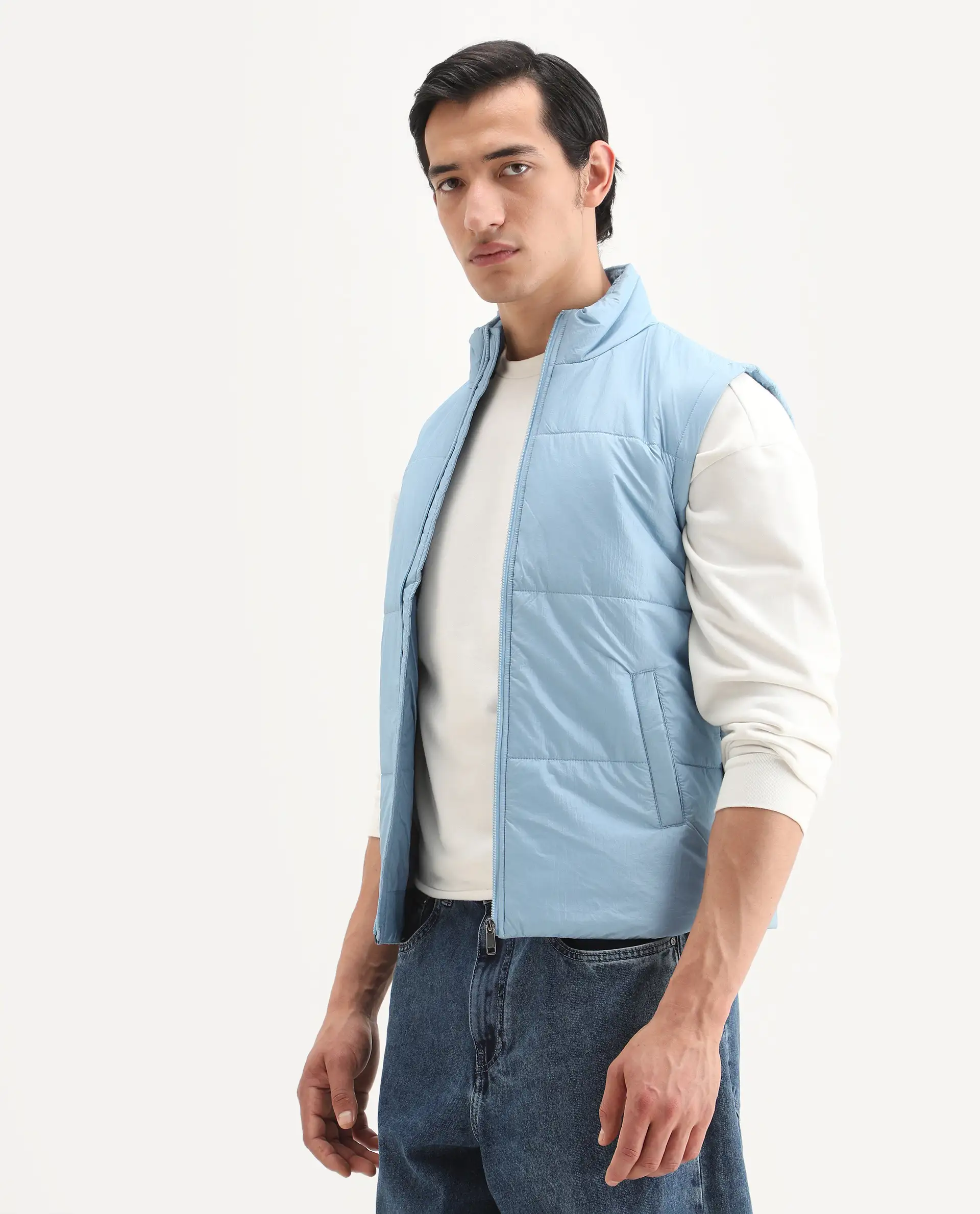 Rare Rabbit Men's Colson Light Blue Polyester Plain Regular Fit Sleeveless High Neck Jacket - Image 4