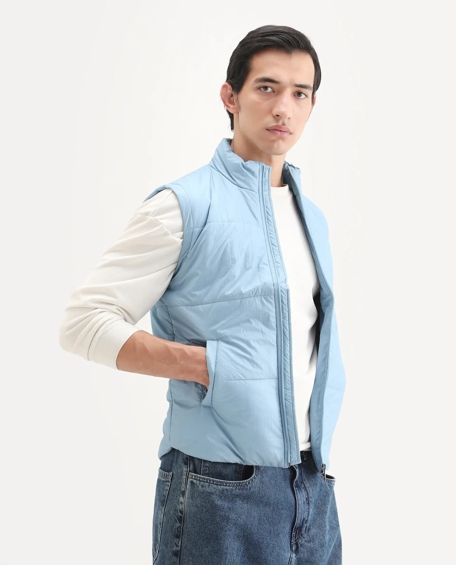 Rare Rabbit Men's Colson Light Blue Polyester Plain Regular Fit Sleeveless High Neck Jacket - Image 5