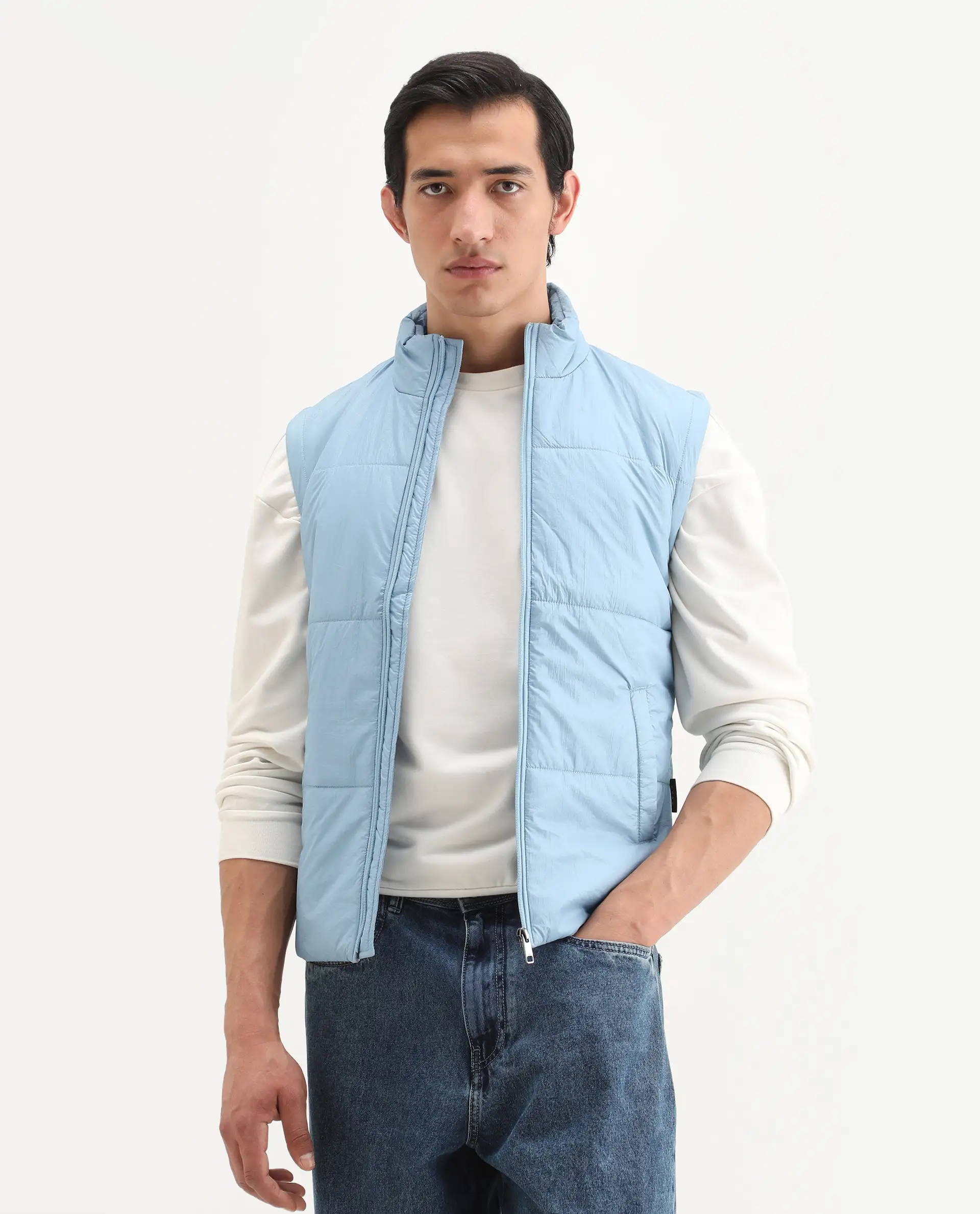 Rare Rabbit Men's Colson Light Blue Polyester Plain Regular Fit Sleeveless High Neck Jacket - Image 6