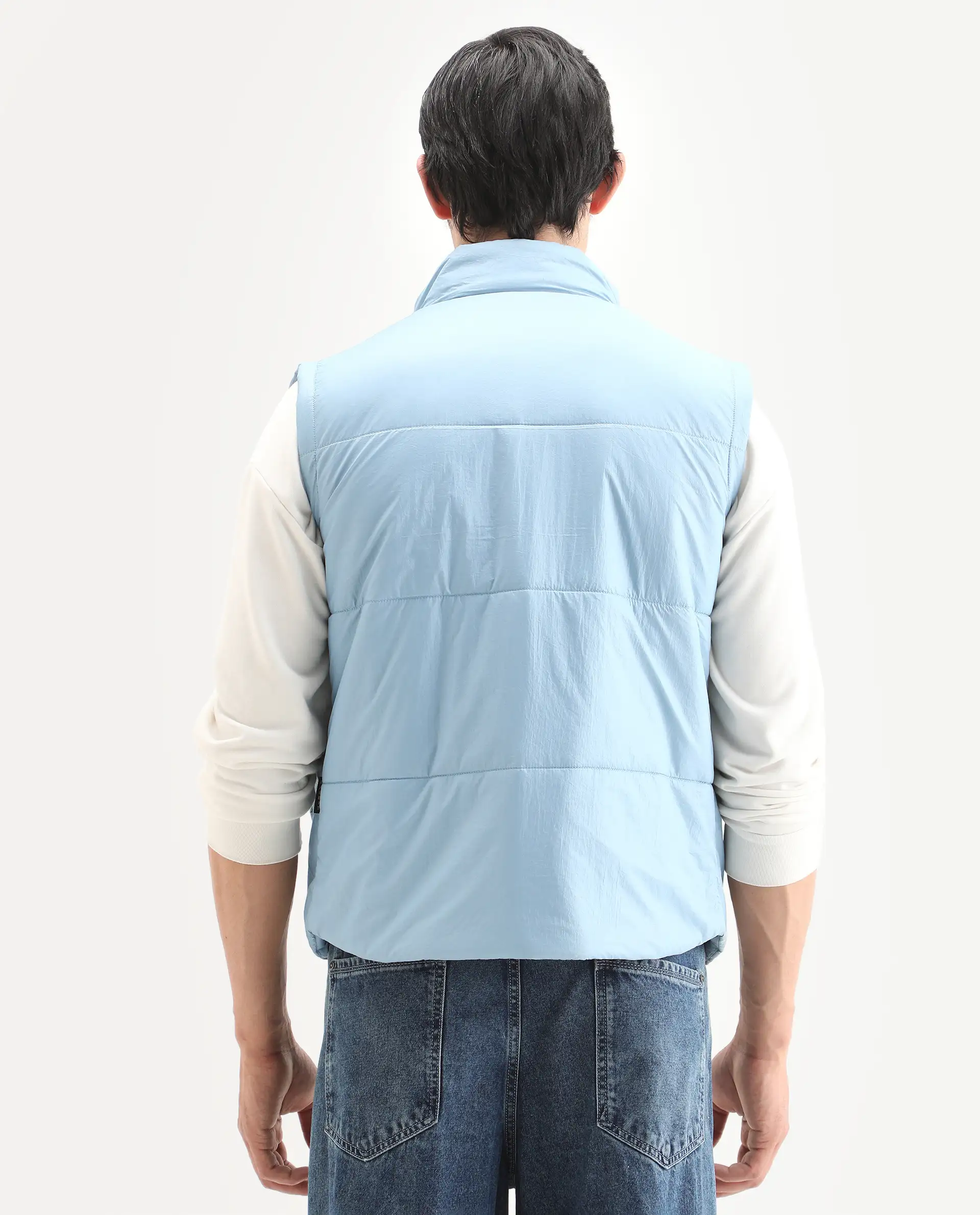 Rare Rabbit Men's Colson Light Blue Polyester Plain Regular Fit Sleeveless High Neck Jacket - Image 7