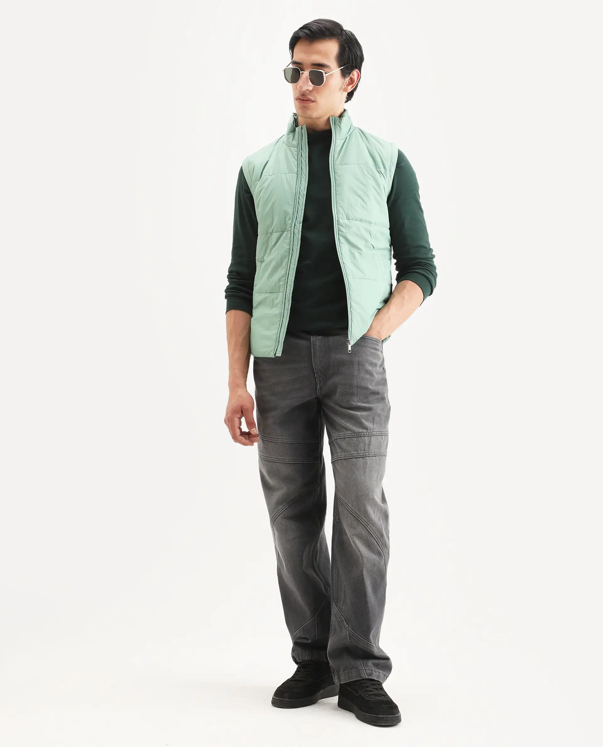 Rare Rabbit Men's Colson Light Green Polyester Plain Regular Fit Sleeveless High Neck Jacket - Image 2