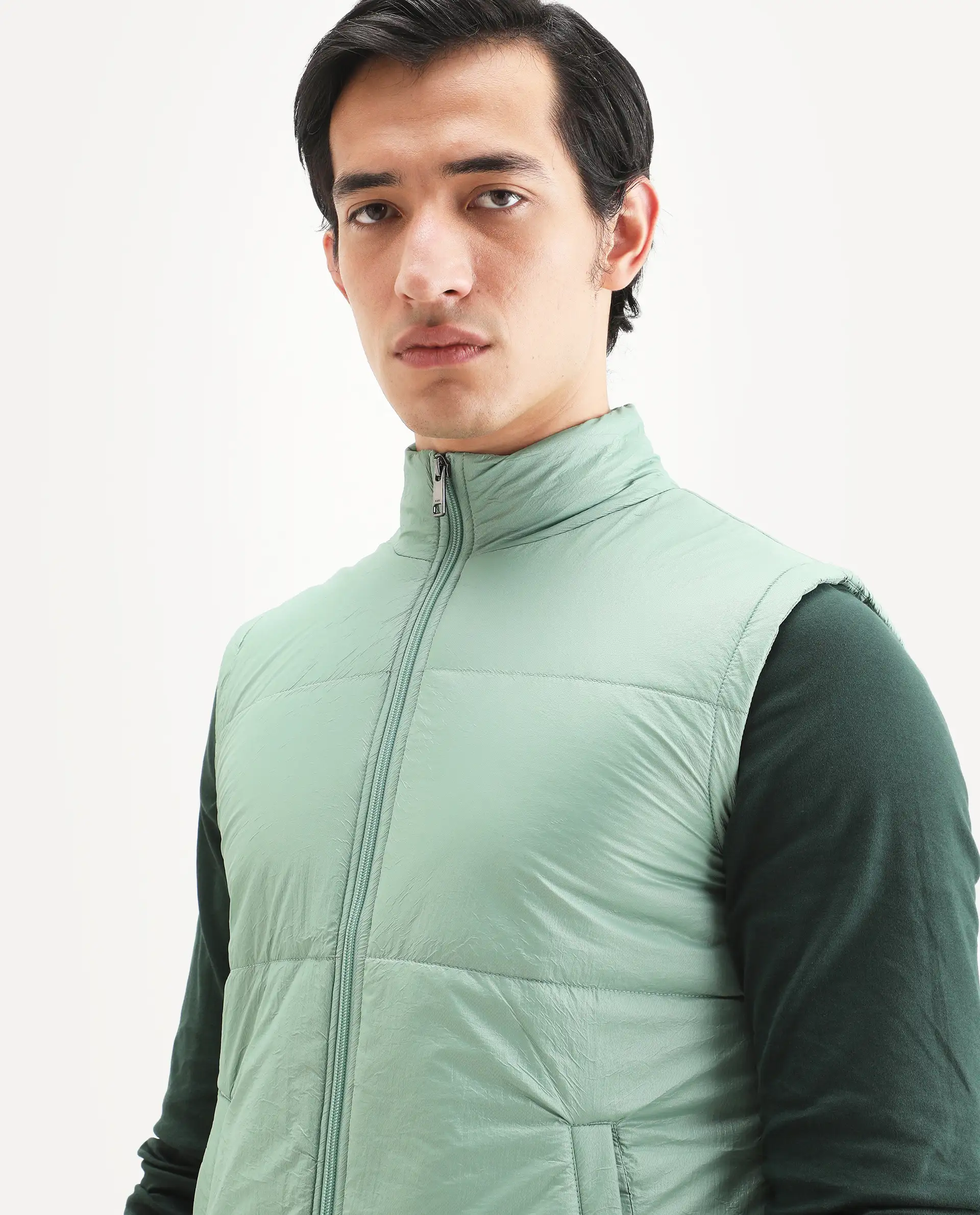 Rare Rabbit Men's Colson Light Green Polyester Plain Regular Fit Sleeveless High Neck Jacket - Image 3
