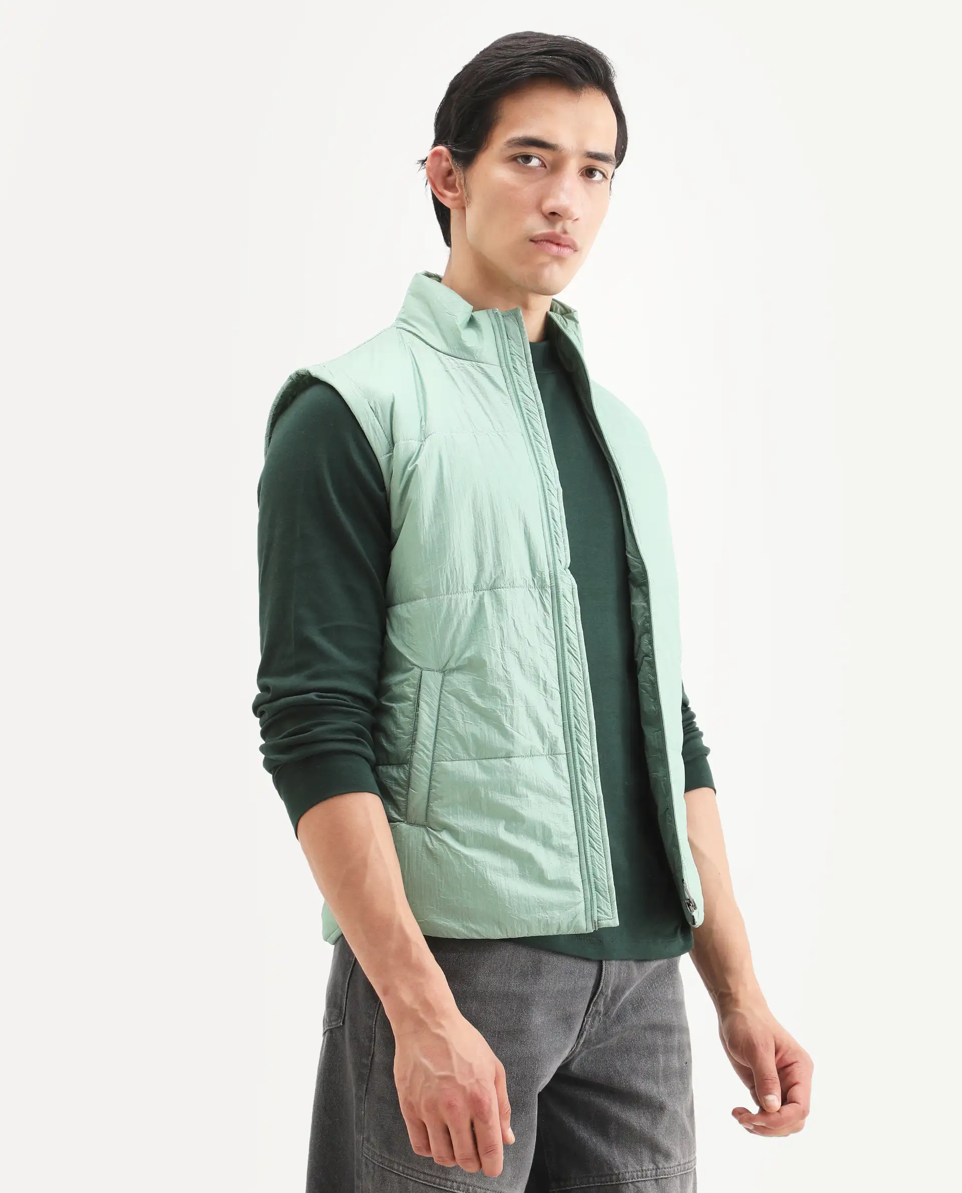 Rare Rabbit Men's Colson Light Green Polyester Plain Regular Fit Sleeveless High Neck Jacket - Image 4
