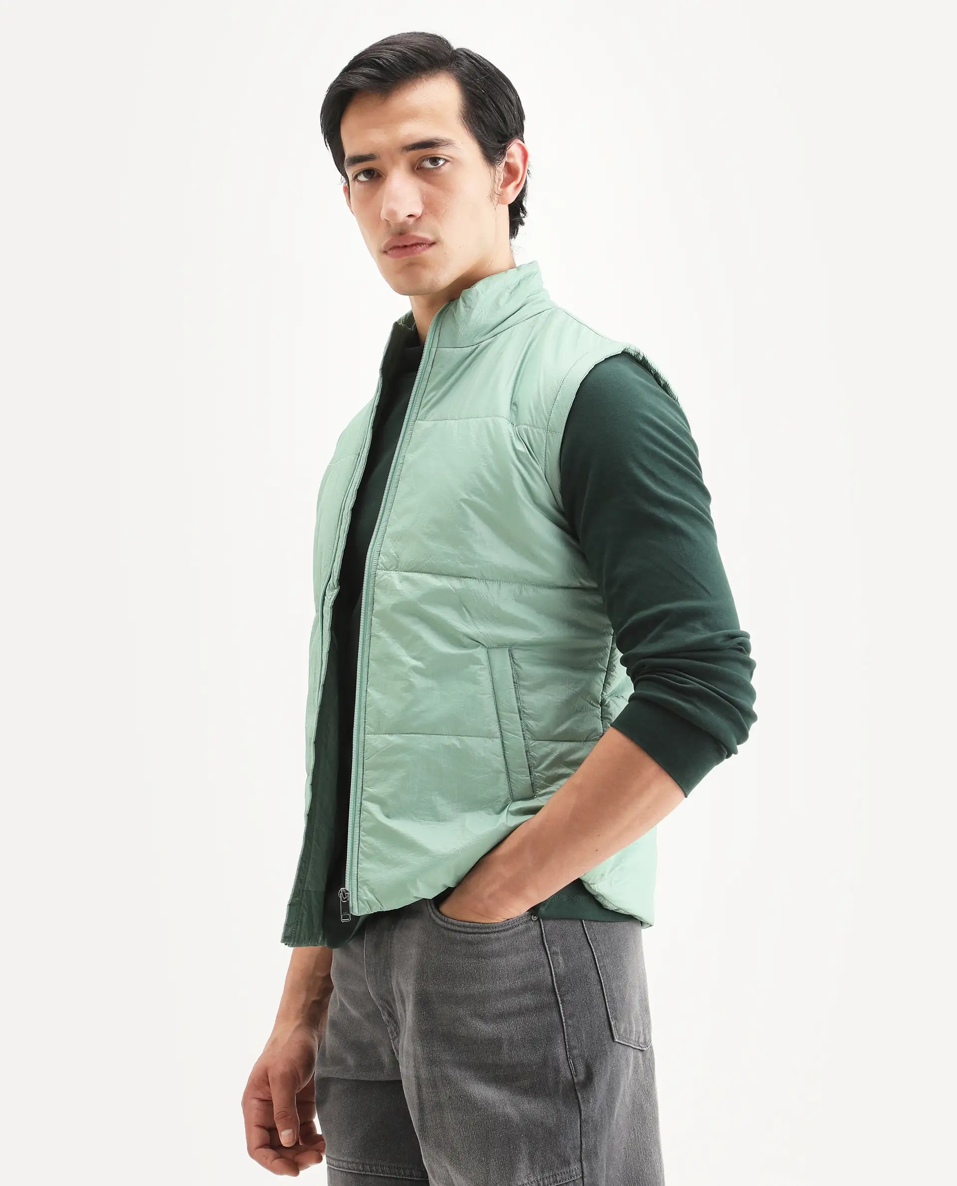 Rare Rabbit Men's Colson Light Green Polyester Plain Regular Fit Sleeveless High Neck Jacket - Image 5