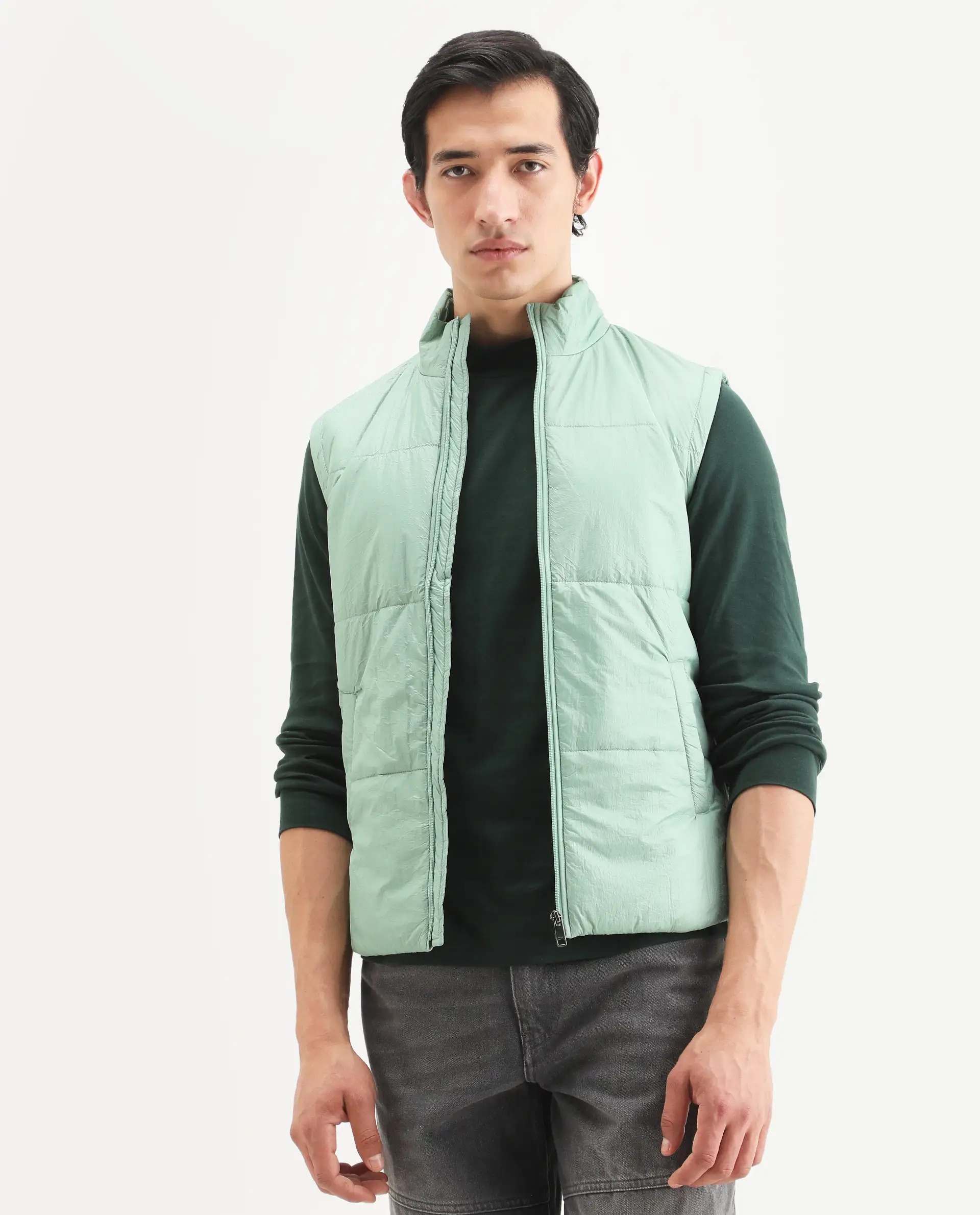 Rare Rabbit Men's Colson Light Green Polyester Plain Regular Fit Sleeveless High Neck Jacket - Image 6