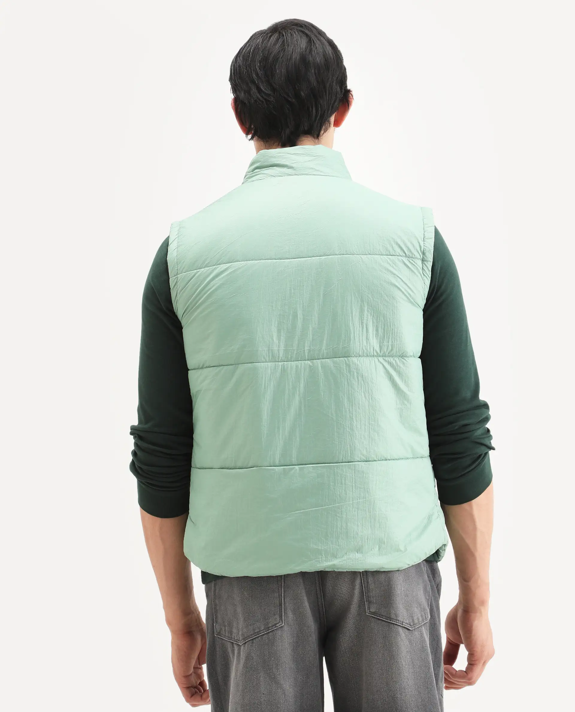 Rare Rabbit Men's Colson Light Green Polyester Plain Regular Fit Sleeveless High Neck Jacket - Image 7