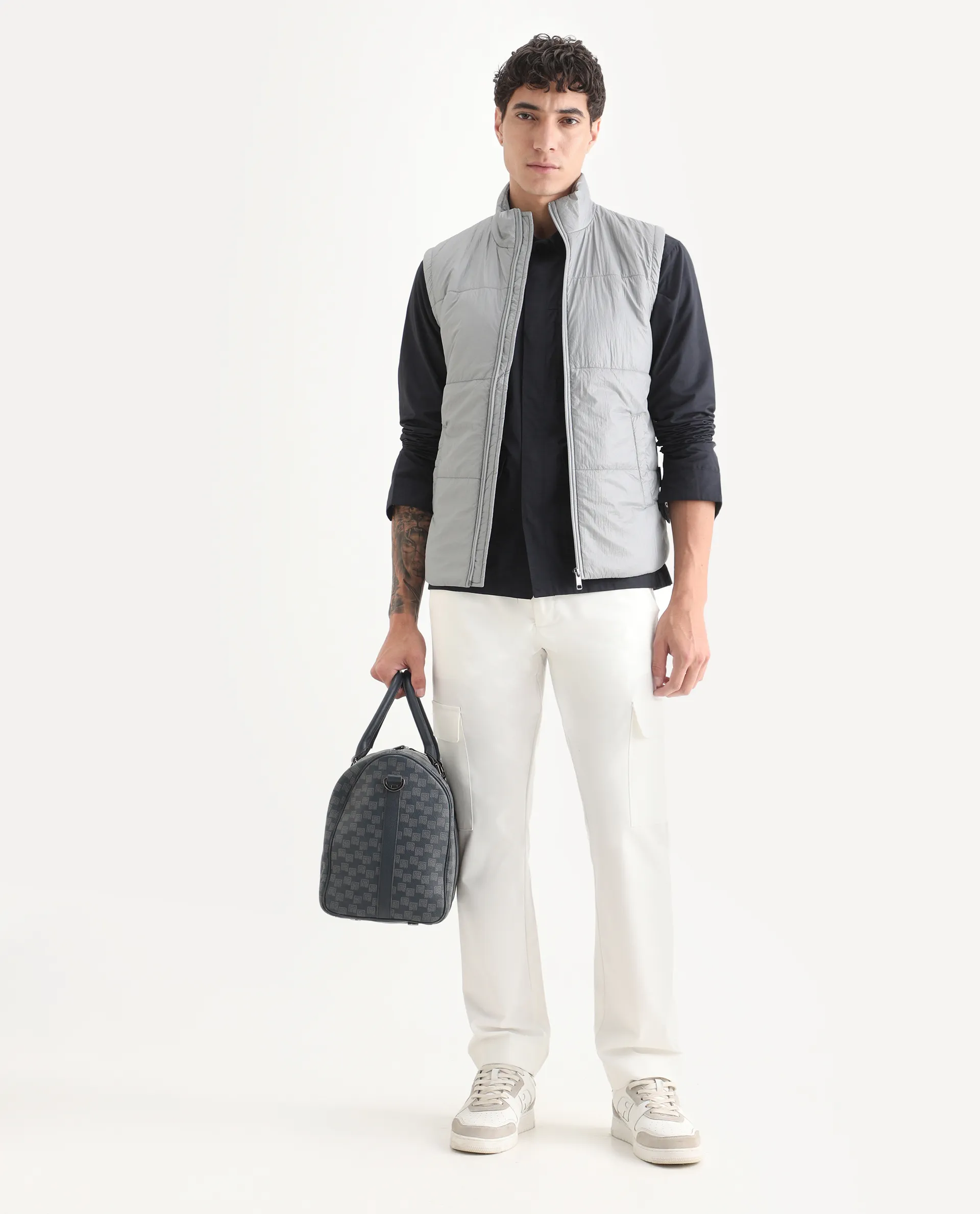Rare Rabbit Men's Colson Light Grey Polyester Plain Regular Fit Sleeveless High Neck Jacket - Image 2