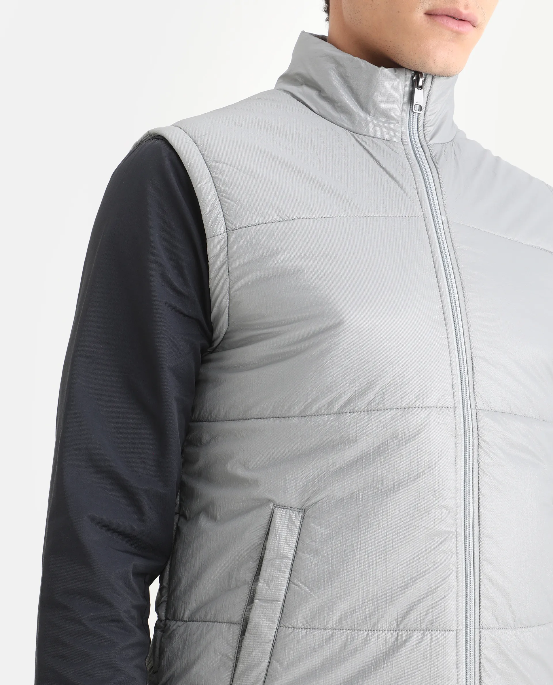 Rare Rabbit Men's Colson Light Grey Polyester Plain Regular Fit Sleeveless High Neck Jacket - Image 3