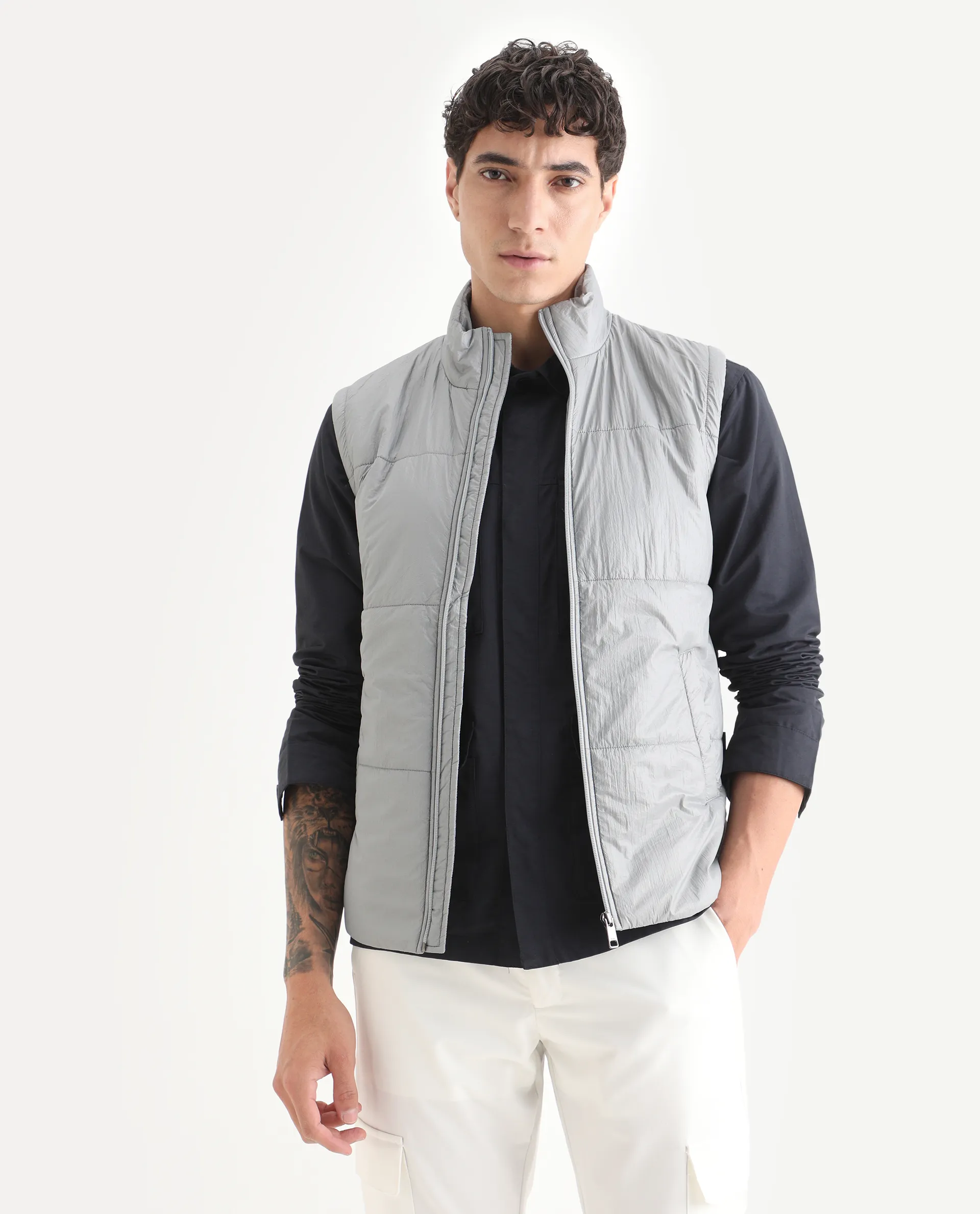 Rare Rabbit Men's Colson Light Grey Polyester Plain Regular Fit Sleeveless High Neck Jacket - Image 4