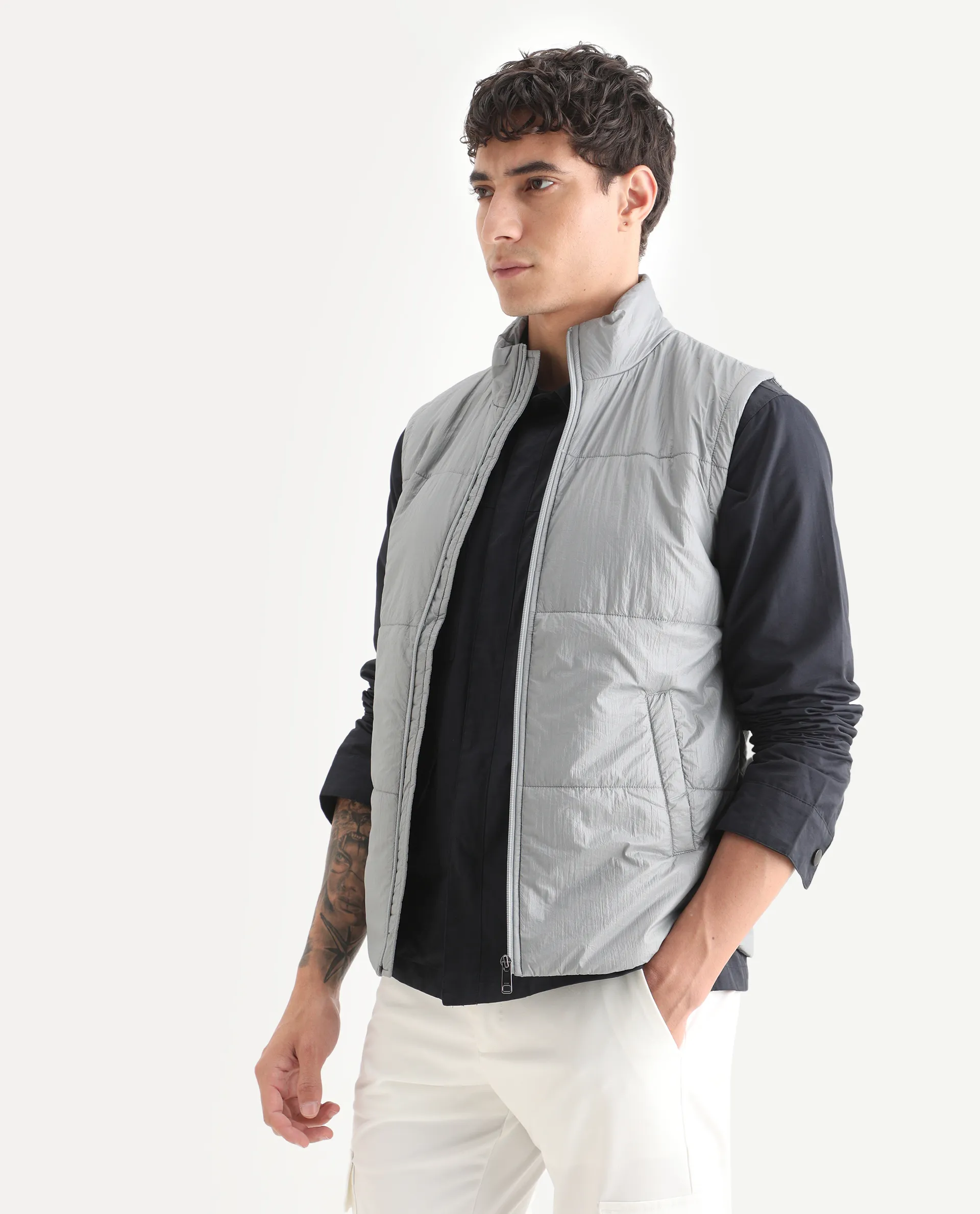 Rare Rabbit Men's Colson Light Grey Polyester Plain Regular Fit Sleeveless High Neck Jacket - Image 5