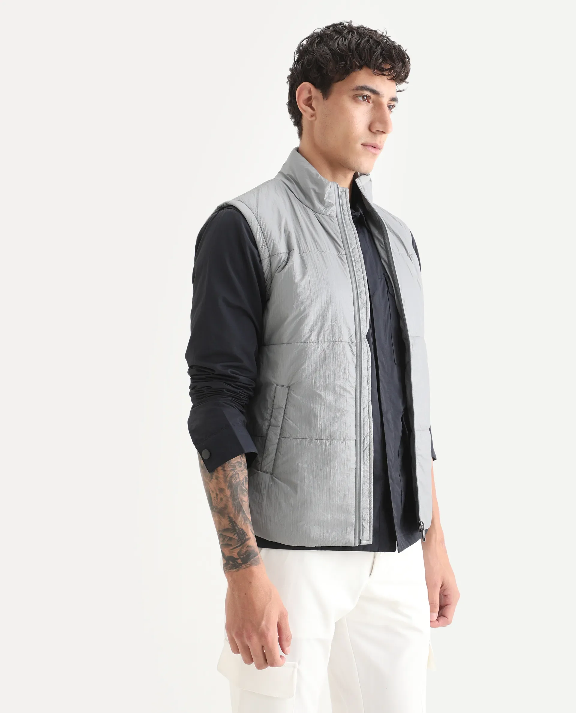 Rare Rabbit Men's Colson Light Grey Polyester Plain Regular Fit Sleeveless High Neck Jacket - Image 6