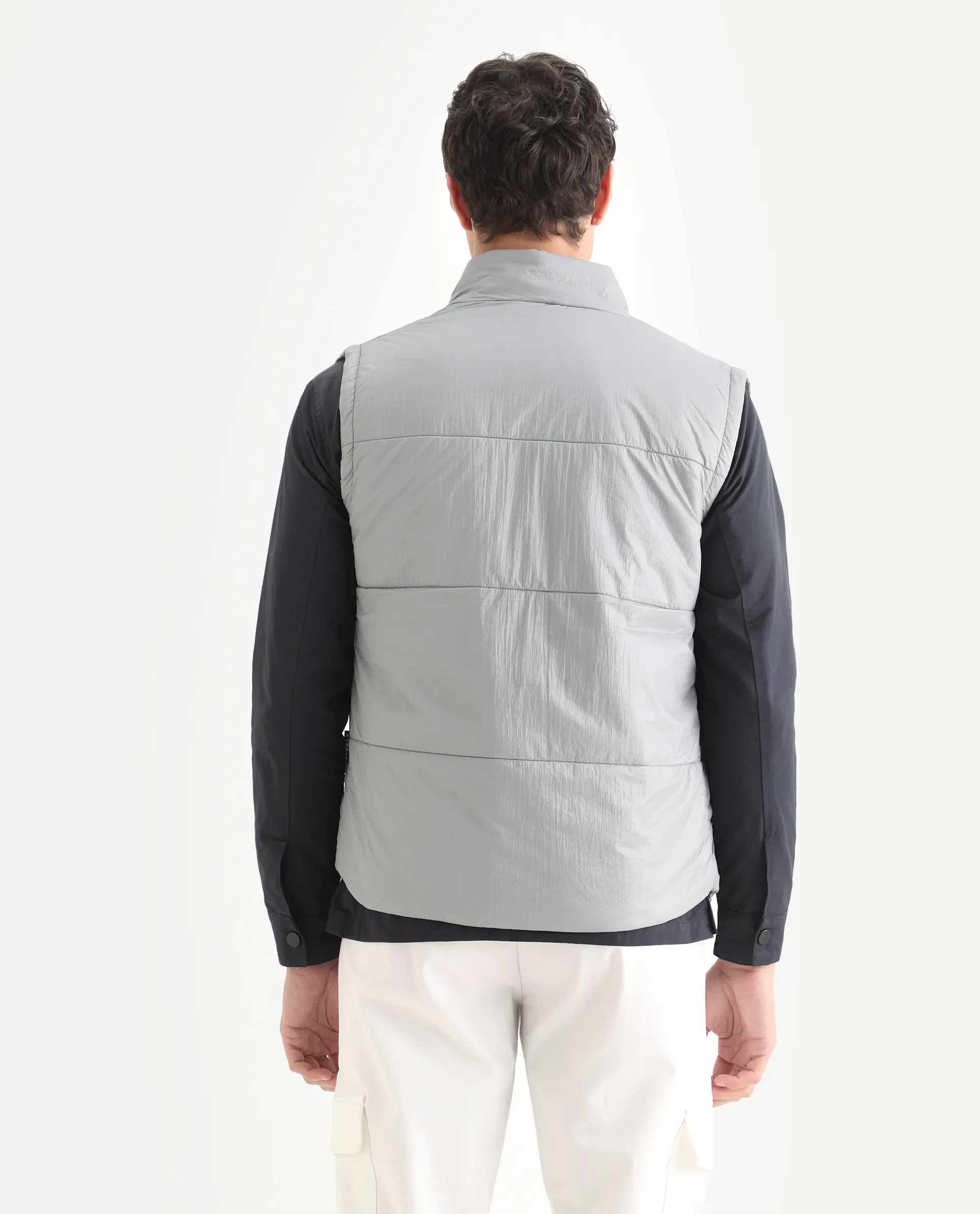 Rare Rabbit Men's Colson Light Grey Polyester Plain Regular Fit Sleeveless High Neck Jacket - Image 7