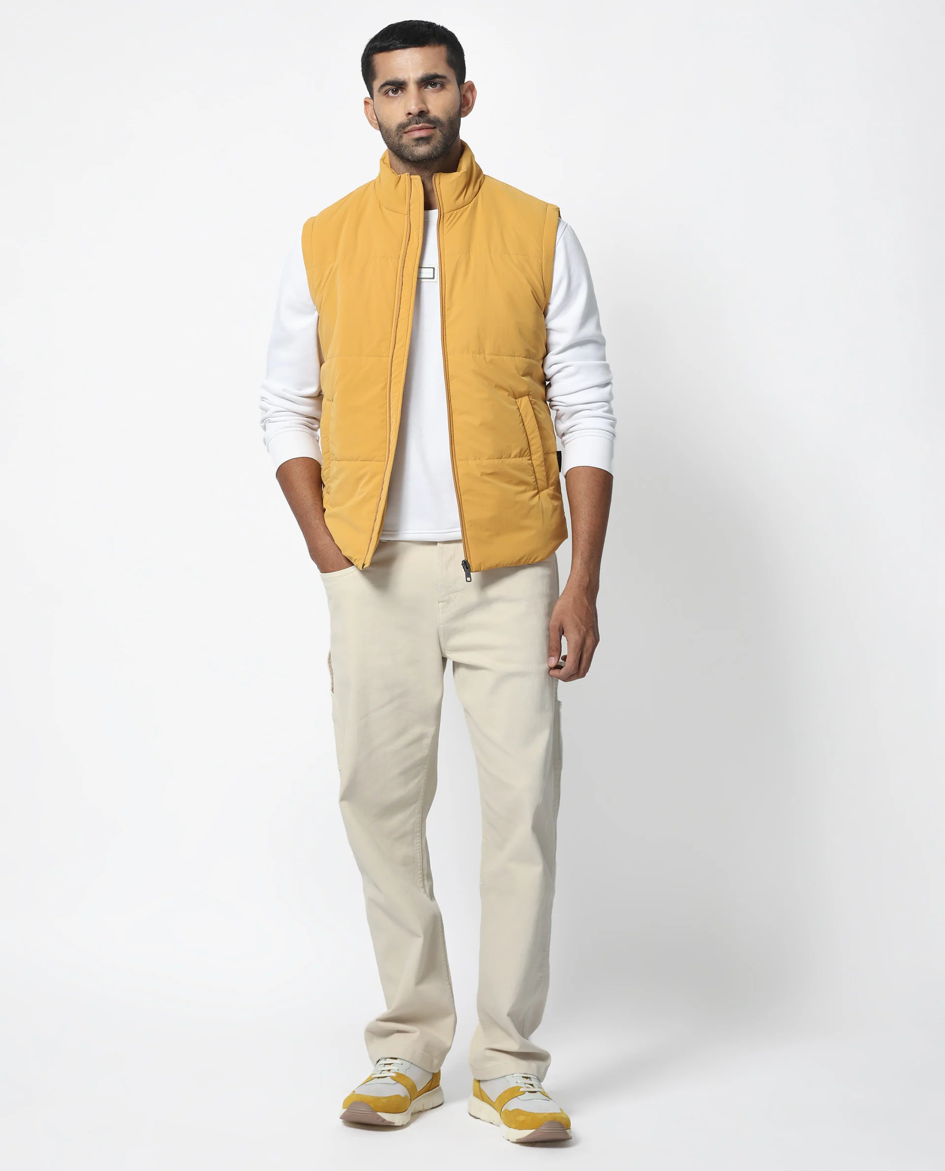 Rare Rabbit Men's Colson Yellow Polyester Plain Regular Fit Sleeveless High Neck Jacket - Image 2