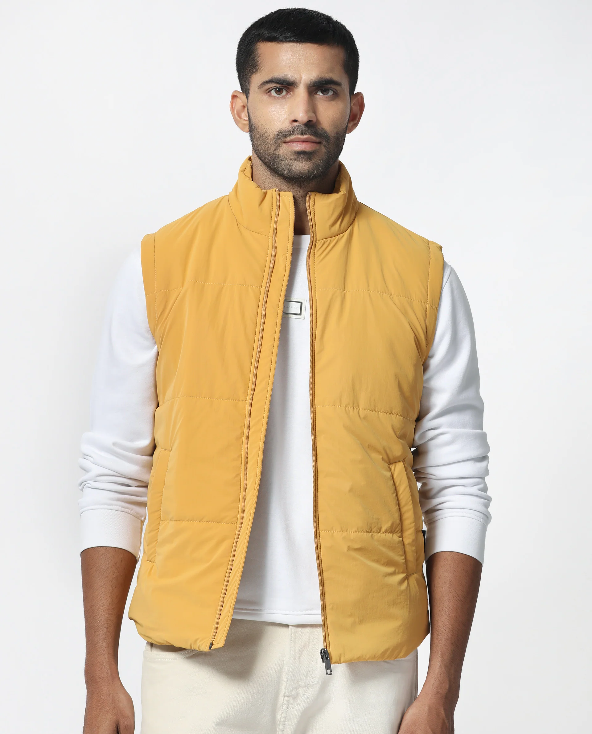 Rare Rabbit Men's Colson Yellow Polyester Plain Regular Fit Sleeveless High Neck Jacket - Image 3