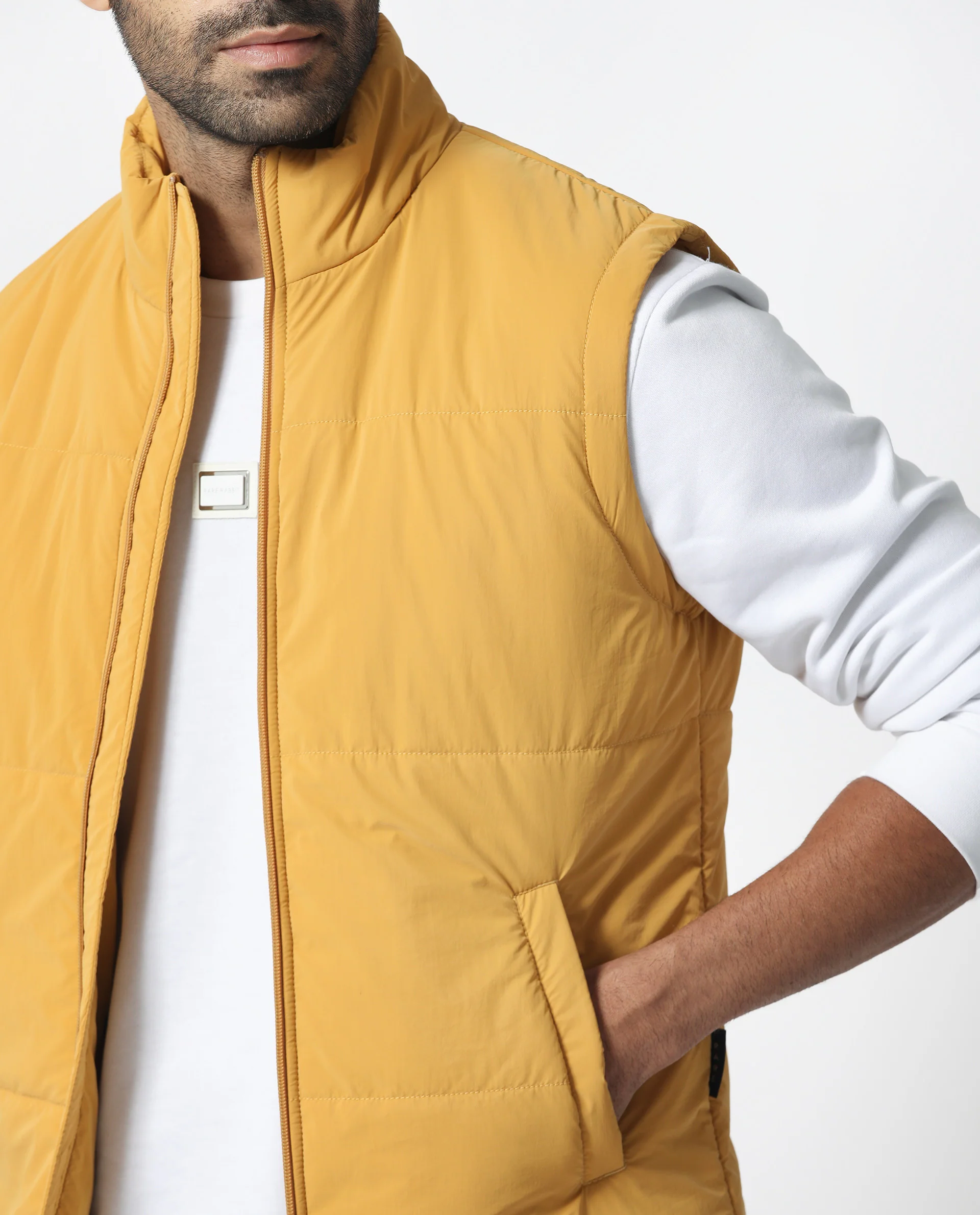 Rare Rabbit Men's Colson Yellow Polyester Plain Regular Fit Sleeveless High Neck Jacket - Image 4