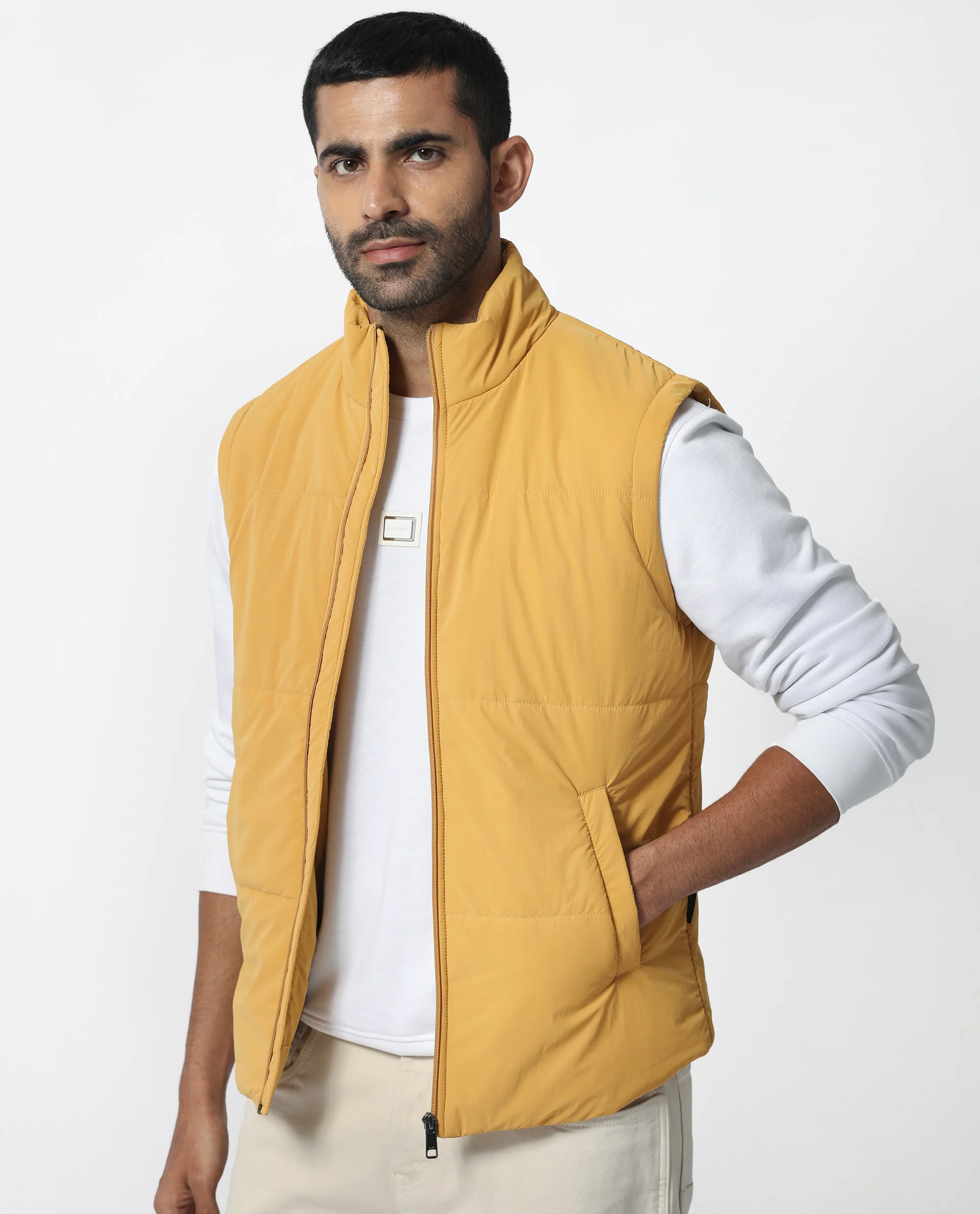 Rare Rabbit Men's Colson Yellow Polyester Plain Regular Fit Sleeveless High Neck Jacket - Image 6