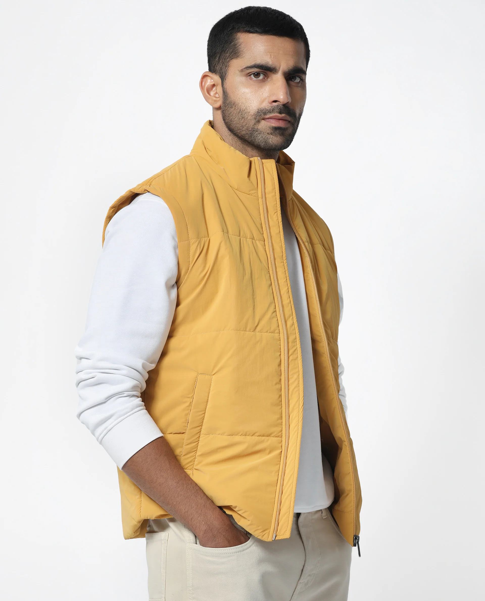 Rare Rabbit Men's Colson Yellow Polyester Plain Regular Fit Sleeveless High Neck Jacket - Image 7