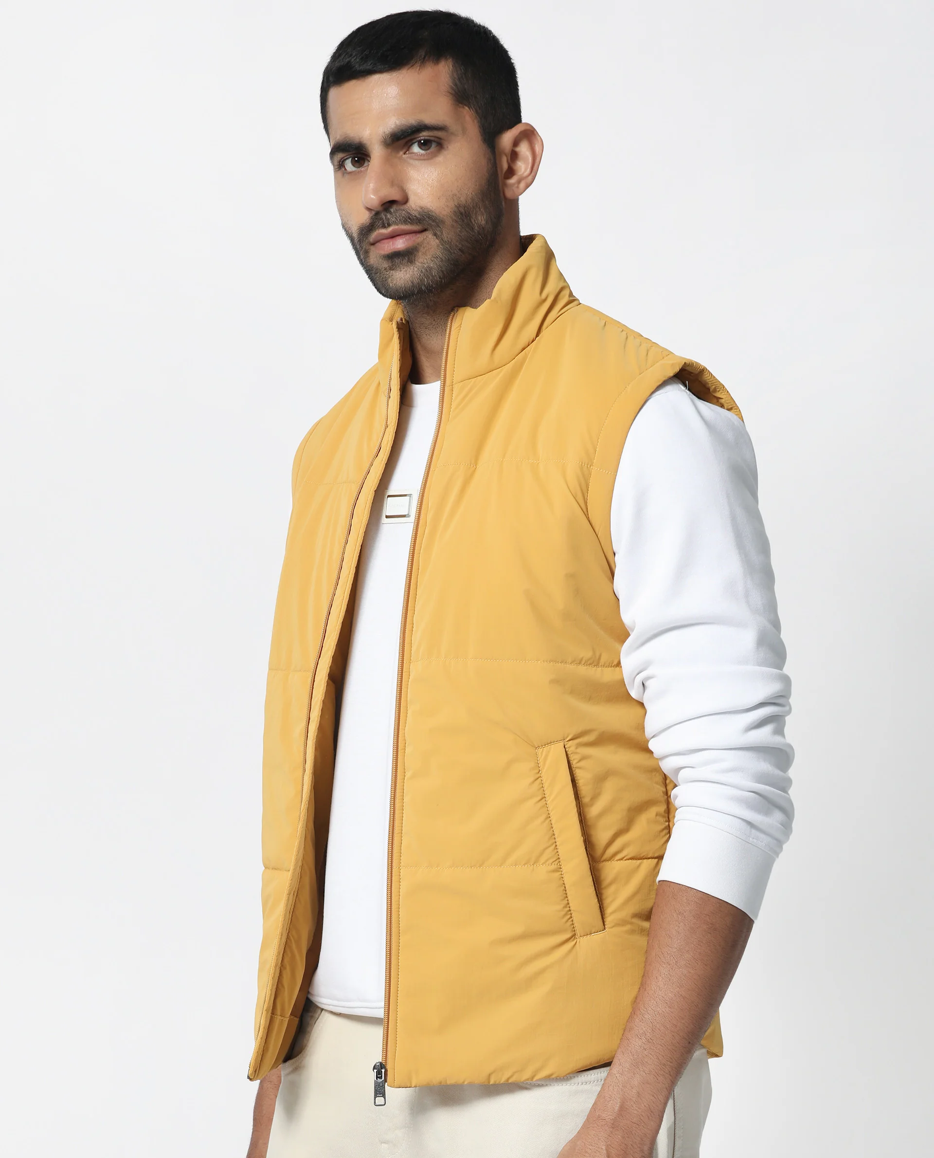 Rare Rabbit Men's Colson Yellow Polyester Plain Regular Fit Sleeveless High Neck Jacket - Image 8