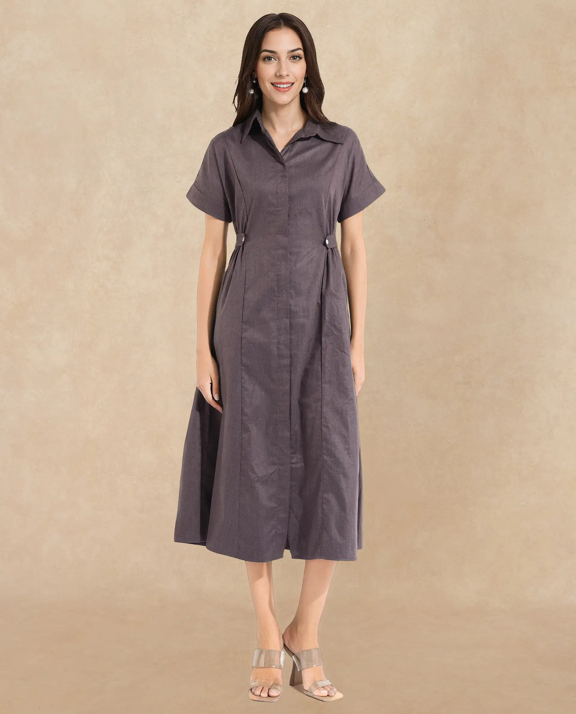 Rareism Women's Comatch Brown Polyester Drop Collar Plain Extended Sleeves Maxi Fit And Flare Dress