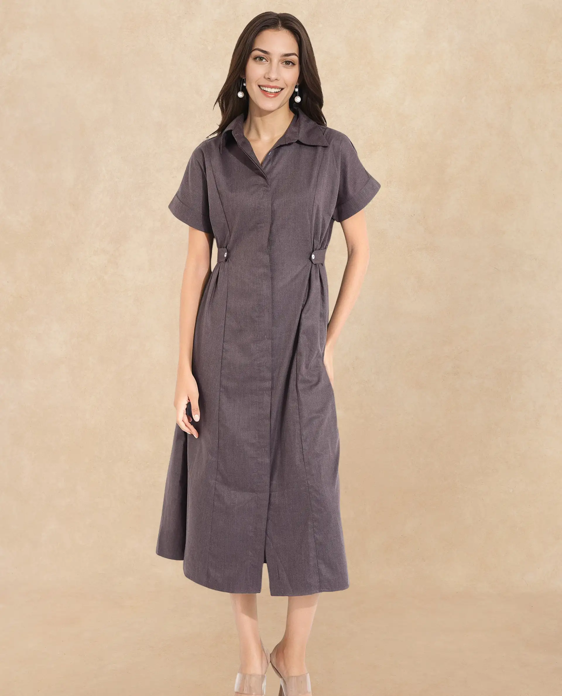 Rareism Women's Comatch Brown Polyester Drop Collar Plain Extended Sleeves Maxi Fit And Flare Dress - Image 2