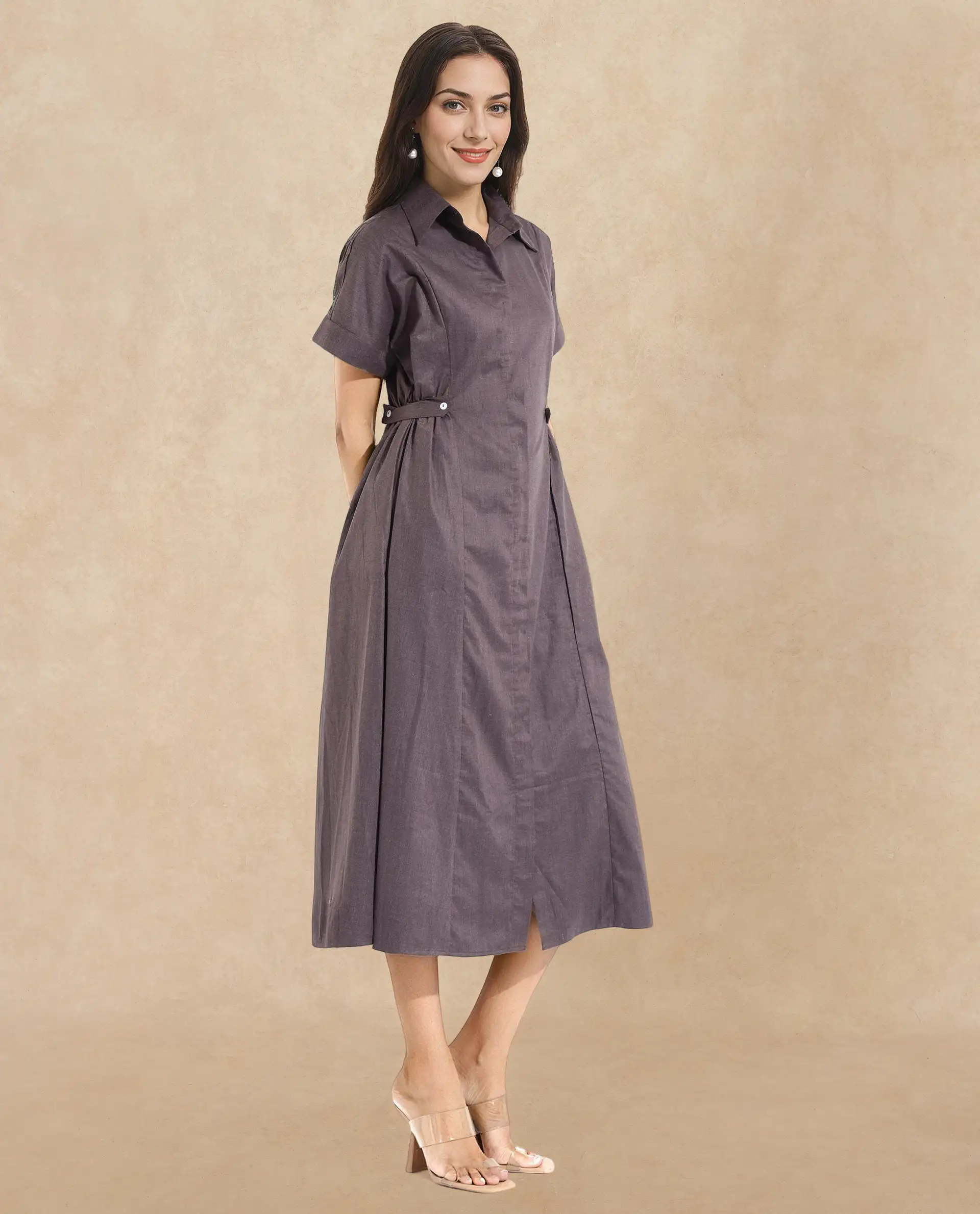 Rareism Women's Comatch Brown Polyester Drop Collar Plain Extended Sleeves Maxi Fit And Flare Dress - Image 3