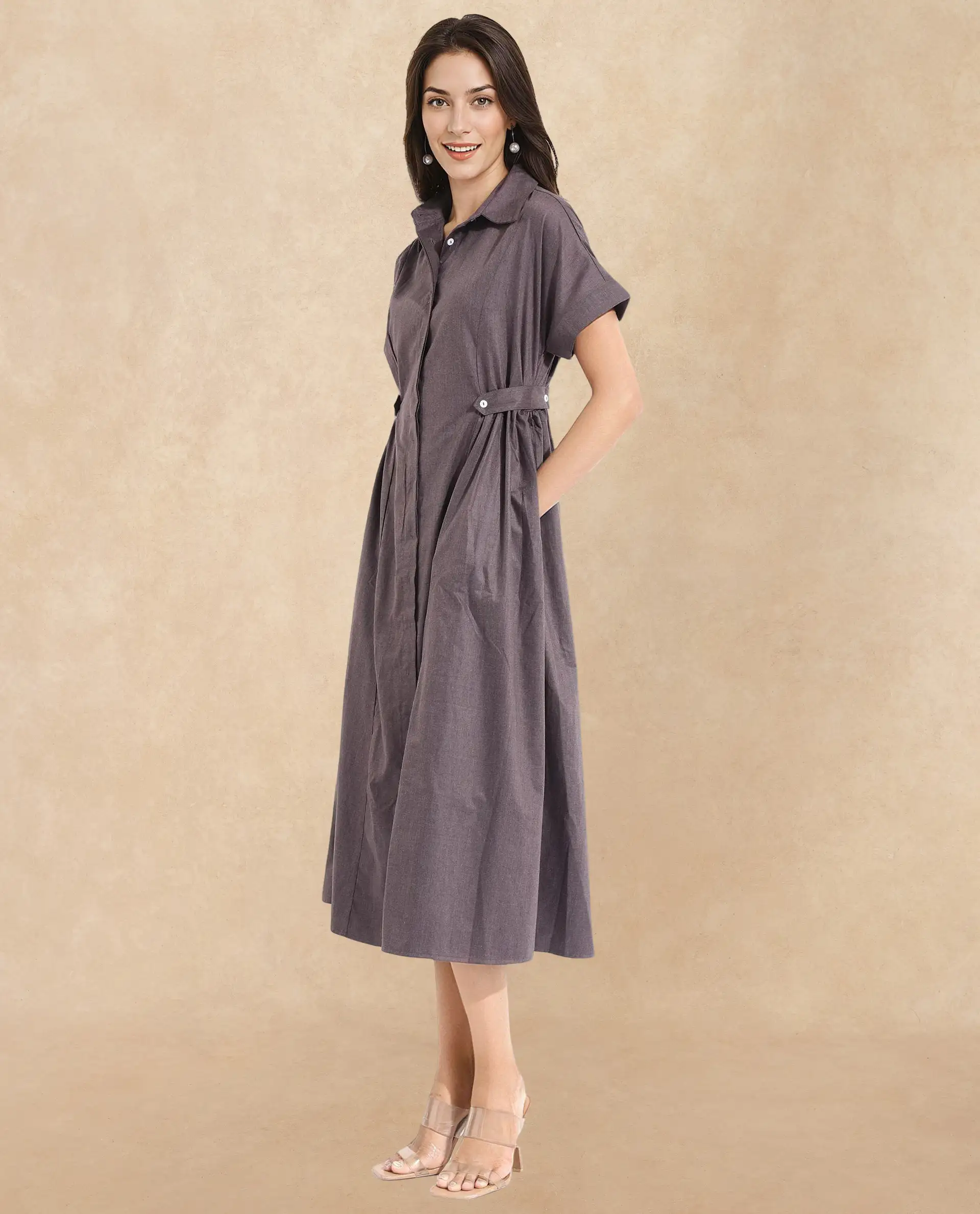 Rareism Women's Comatch Brown Polyester Drop Collar Plain Extended Sleeves Maxi Fit And Flare Dress - Image 4