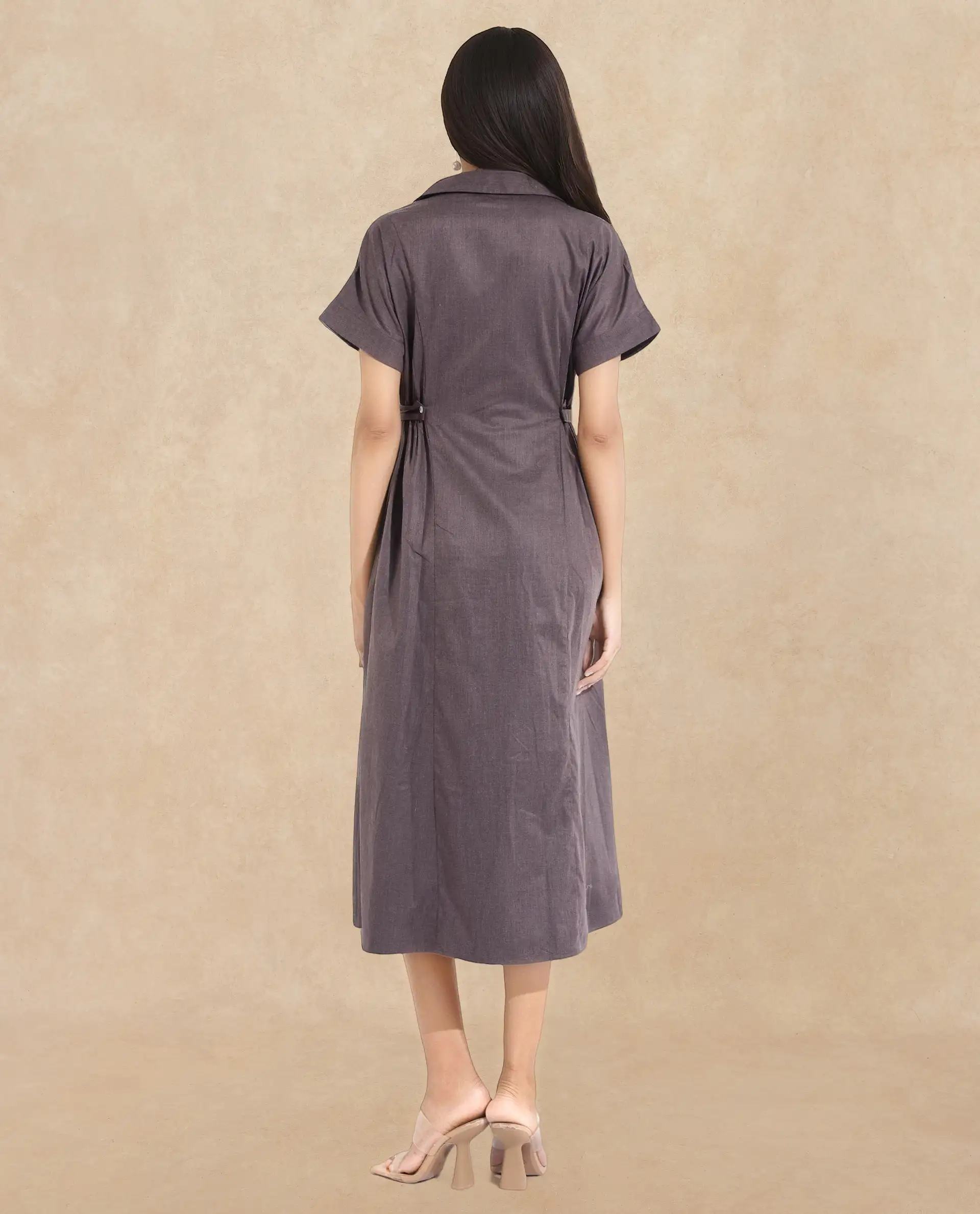 Rareism Women's Comatch Brown Polyester Drop Collar Plain Extended Sleeves Maxi Fit And Flare Dress - Image 6