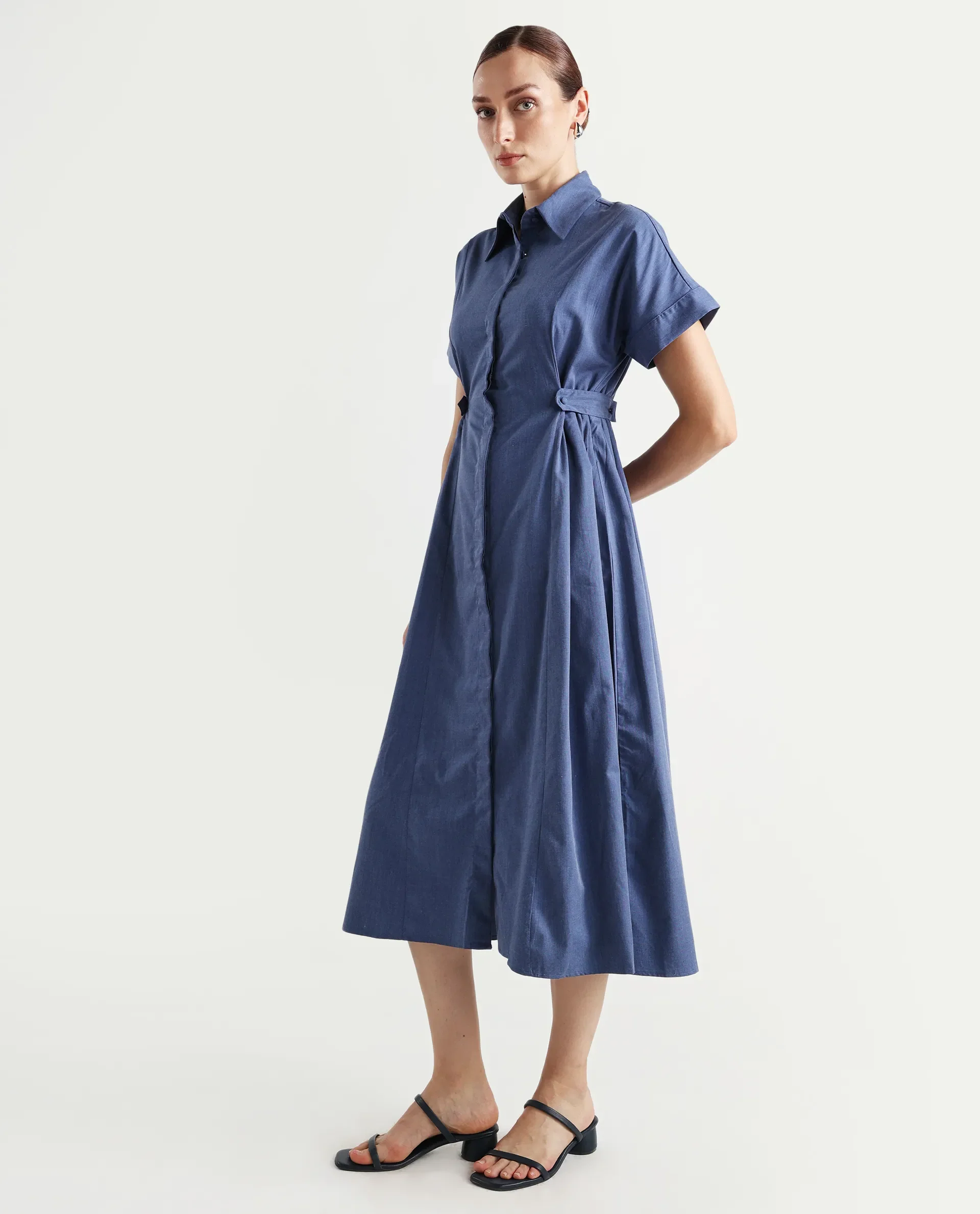 Rareism Women's Comatch Dark Blue Polyester Drop Collar Plain Extended Sleeves Maxi Fit And Flare Dress - Image 2