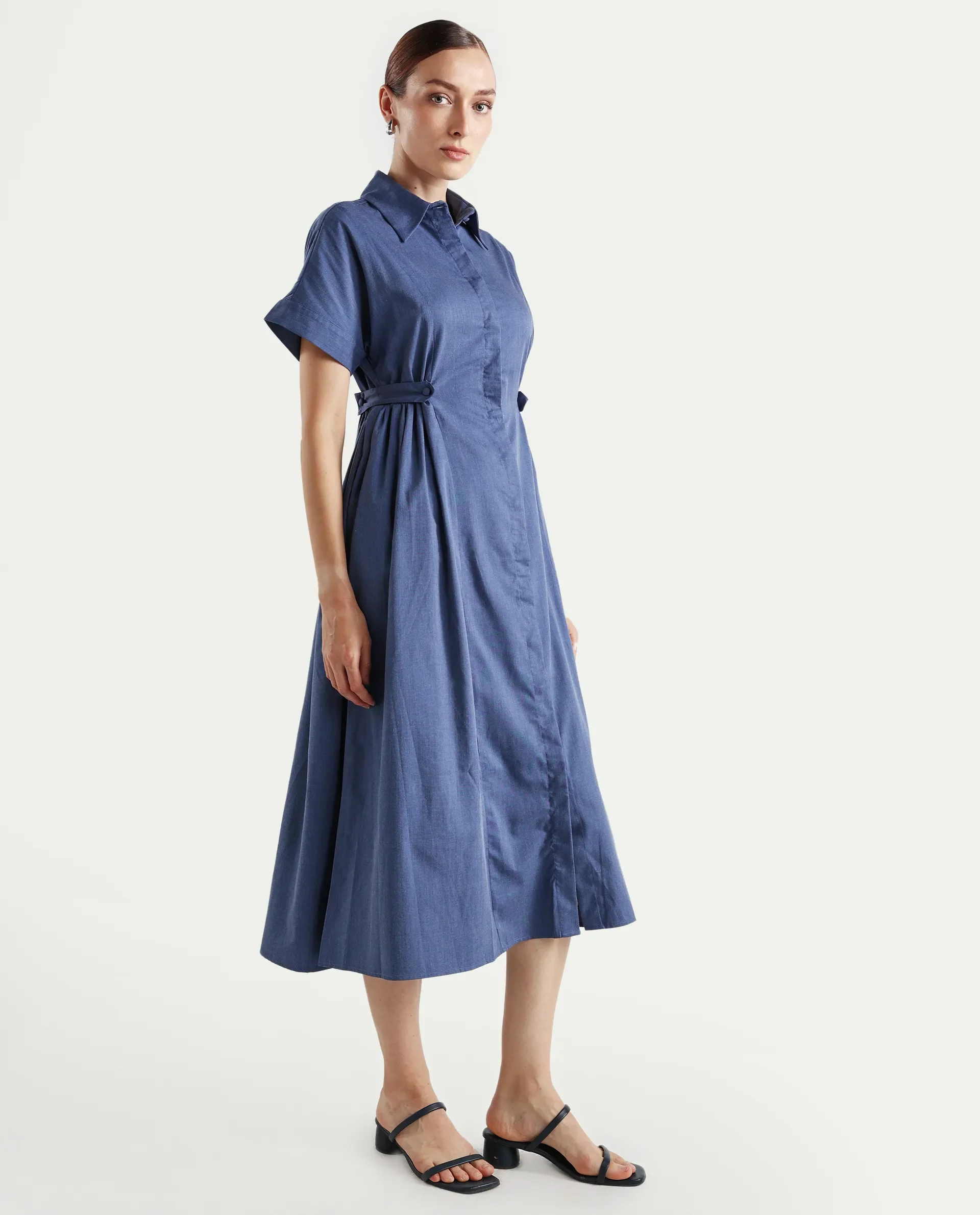 Rareism Women's Comatch Dark Blue Polyester Drop Collar Plain Extended Sleeves Maxi Fit And Flare Dress - Image 3