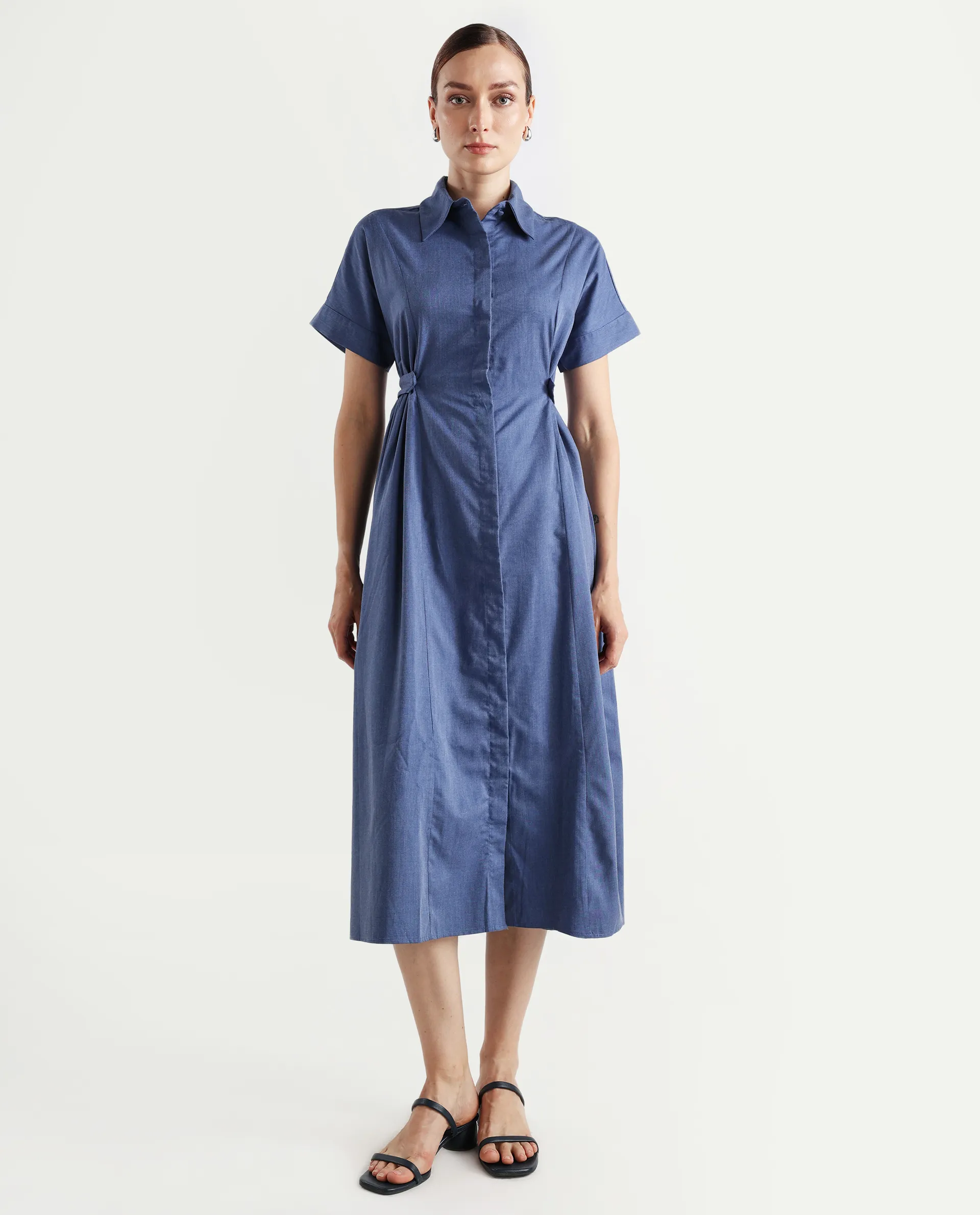 Rareism Women's Comatch Dark Blue Polyester Drop Collar Plain Extended Sleeves Maxi Fit And Flare Dress - Image 4