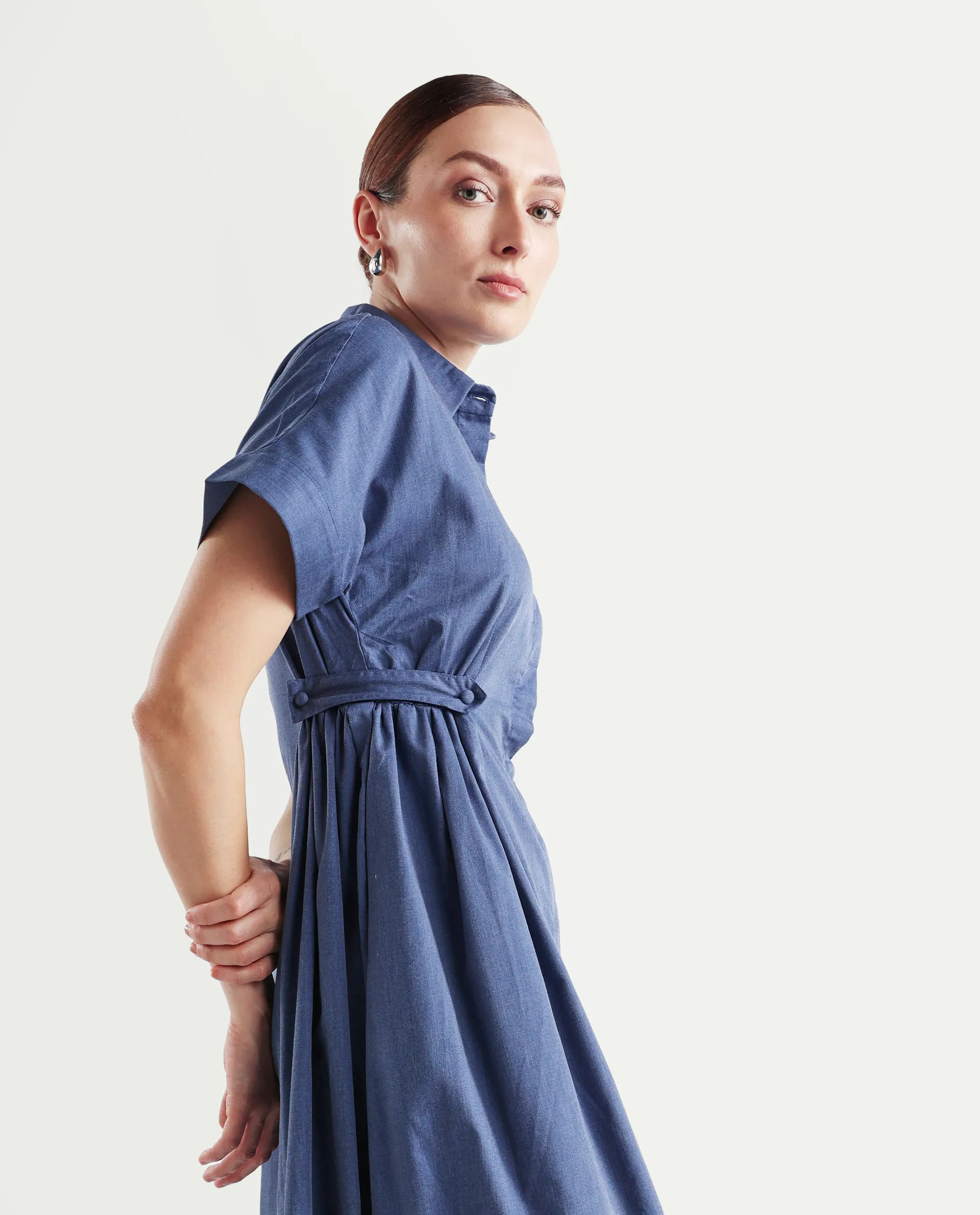 Rareism Women's Comatch Dark Blue Polyester Drop Collar Plain Extended Sleeves Maxi Fit And Flare Dress - Image 6