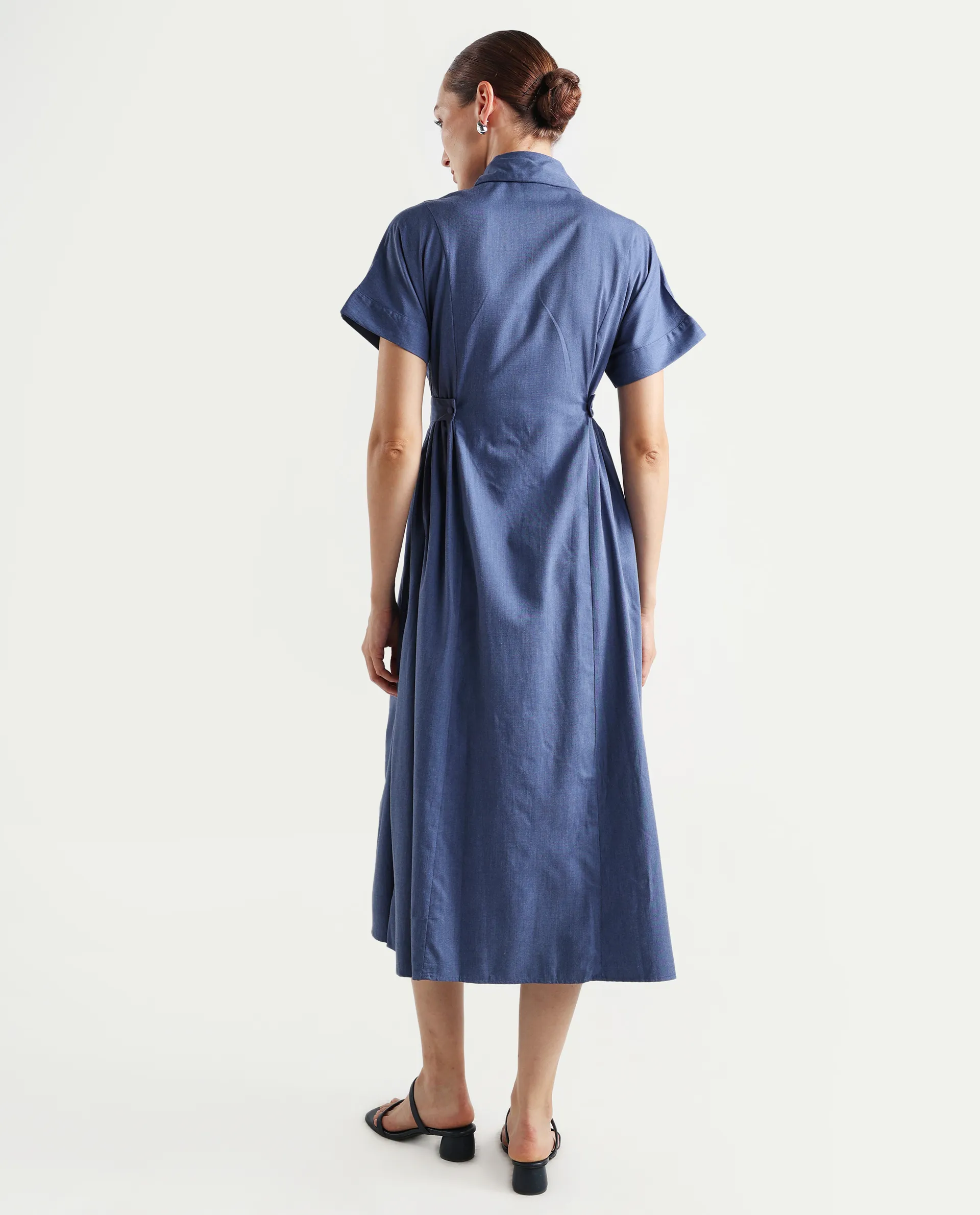 Rareism Women's Comatch Dark Blue Polyester Drop Collar Plain Extended Sleeves Maxi Fit And Flare Dress - Image 7