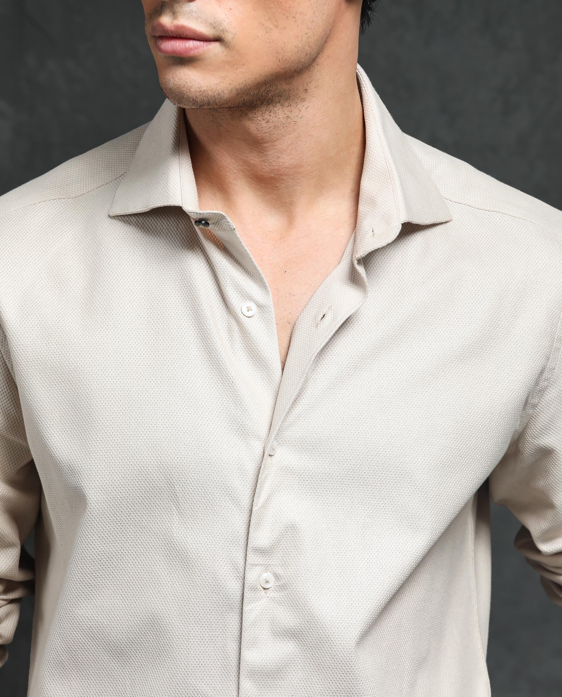 Rare Rabbit Men's Comb-1 Light Beige Cotton Plain Regular Fit Full Sleeve Collared Shirt - Image 2