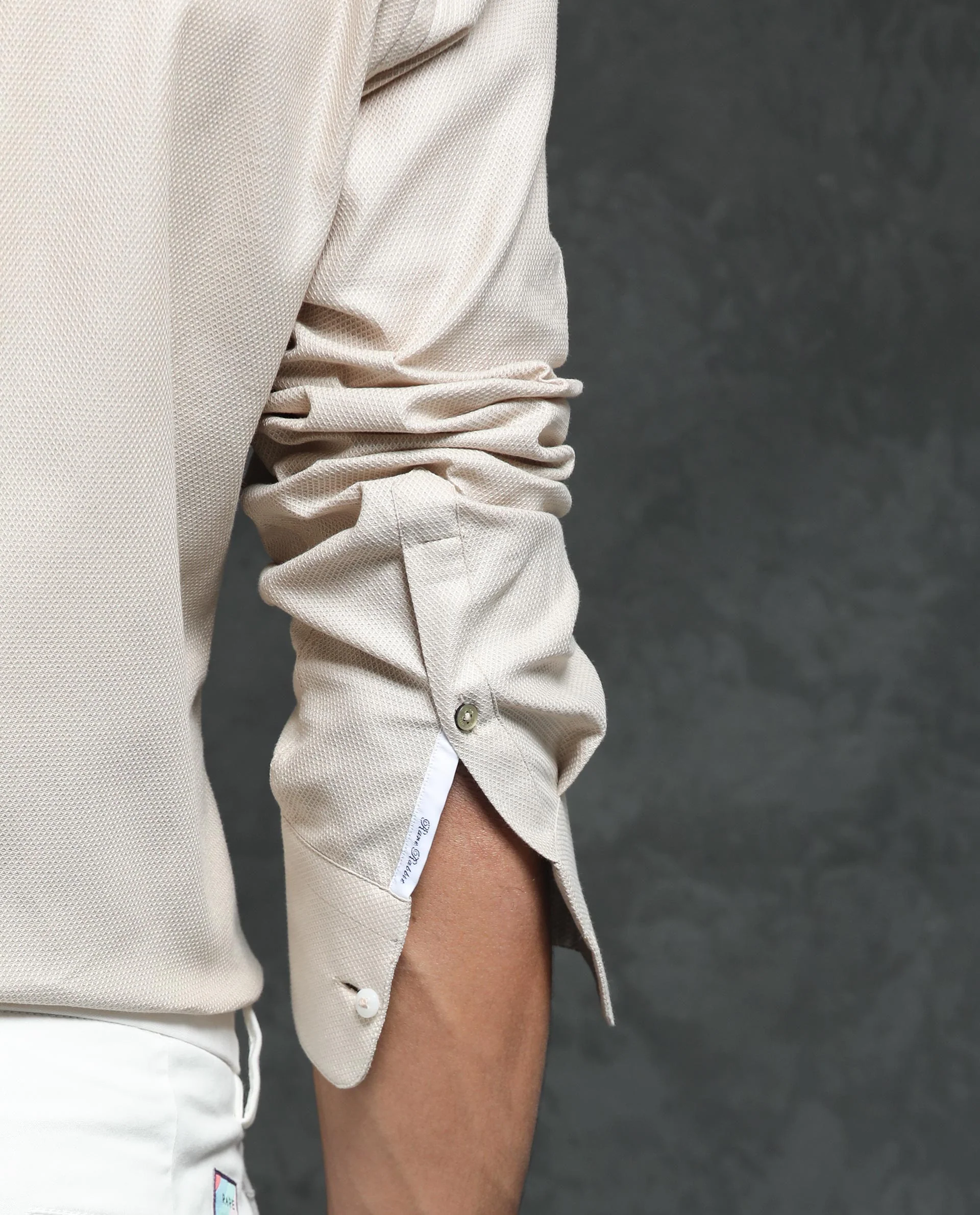 Rare Rabbit Men's Comb-1 Light Beige Cotton Plain Regular Fit Full Sleeve Collared Shirt - Image 3