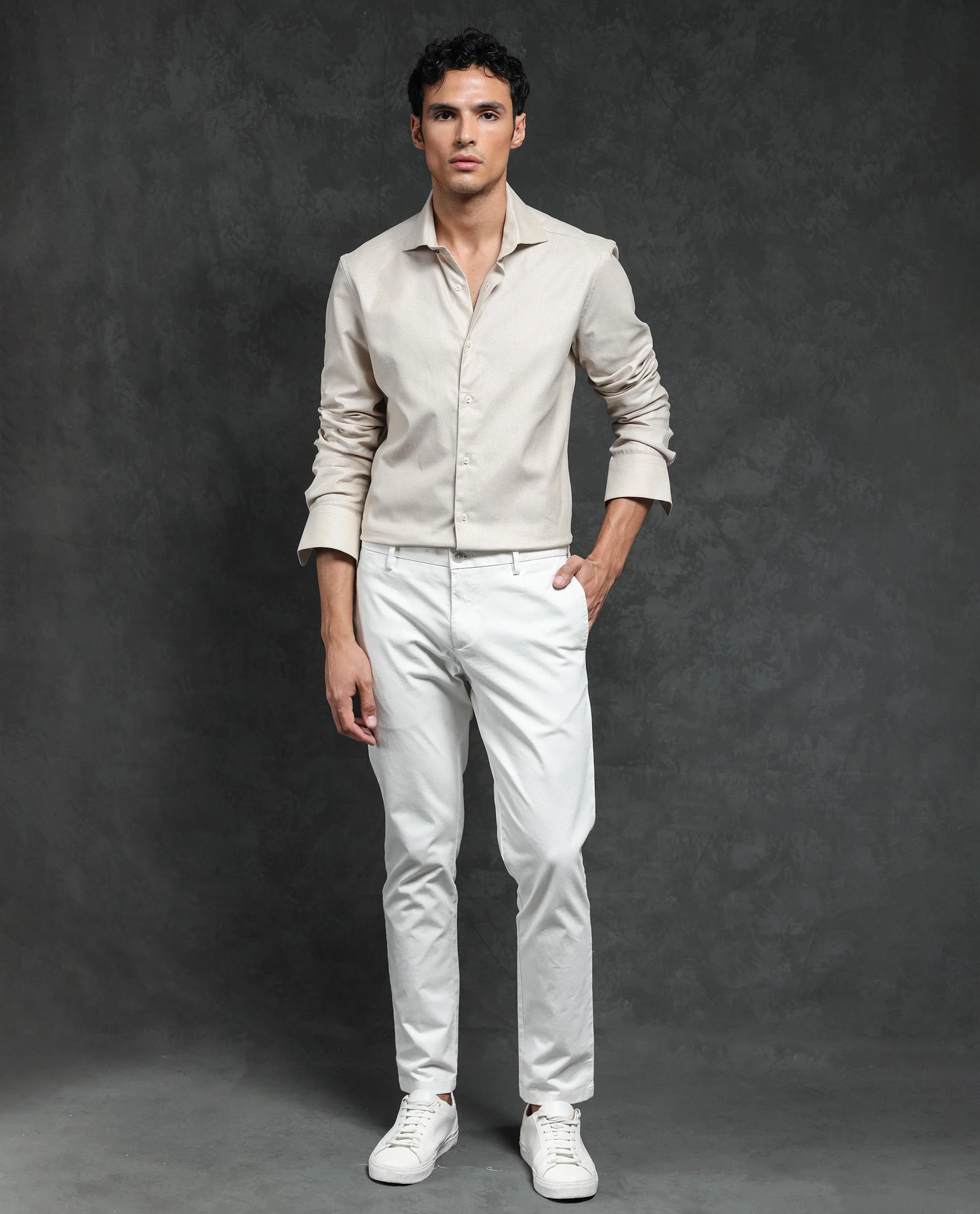 Rare Rabbit Men's Comb-1 Light Beige Cotton Plain Regular Fit Full Sleeve Collared Shirt - Image 4