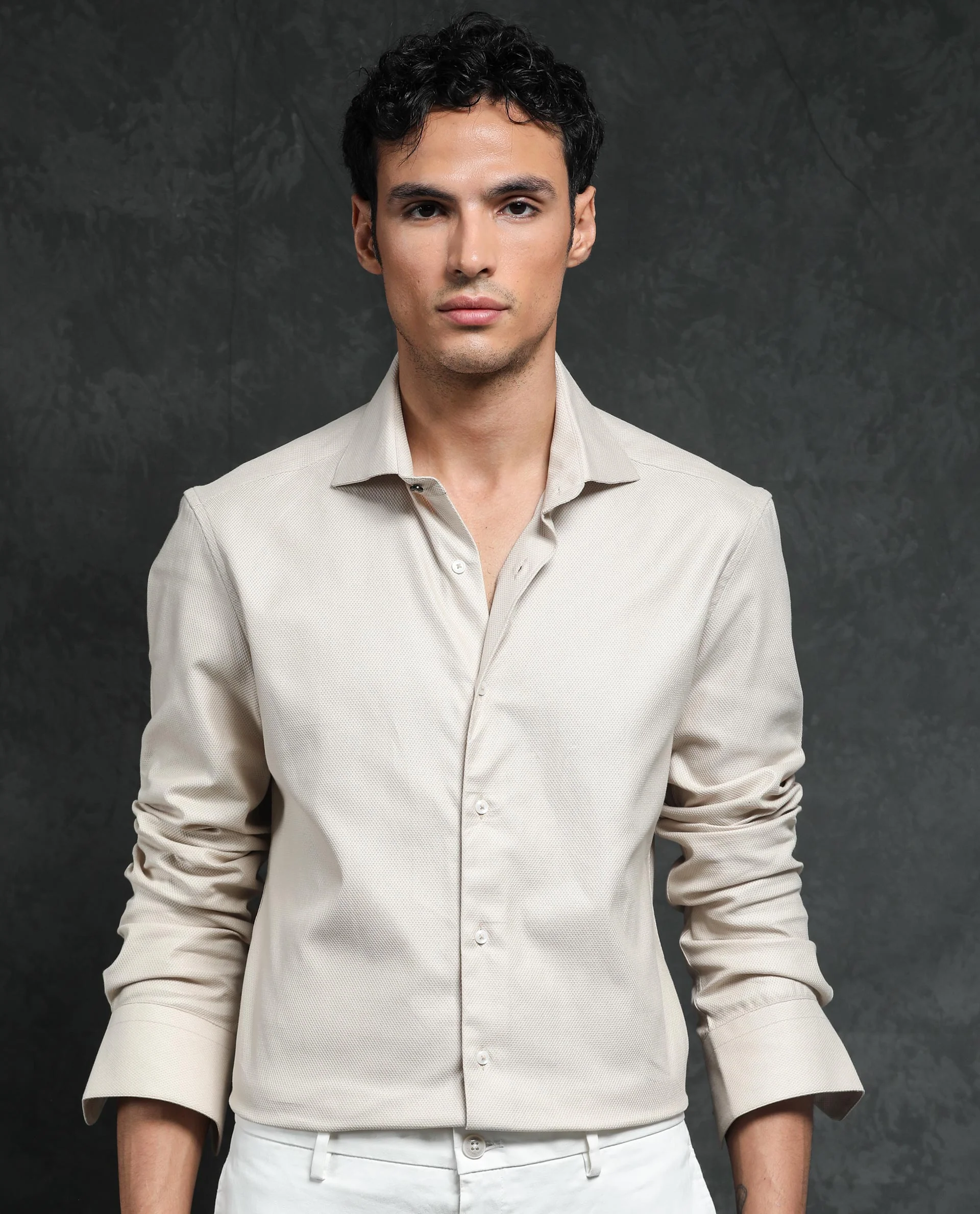 Rare Rabbit Men's Comb-1 Light Beige Cotton Plain Regular Fit Full Sleeve Collared Shirt - Image 5