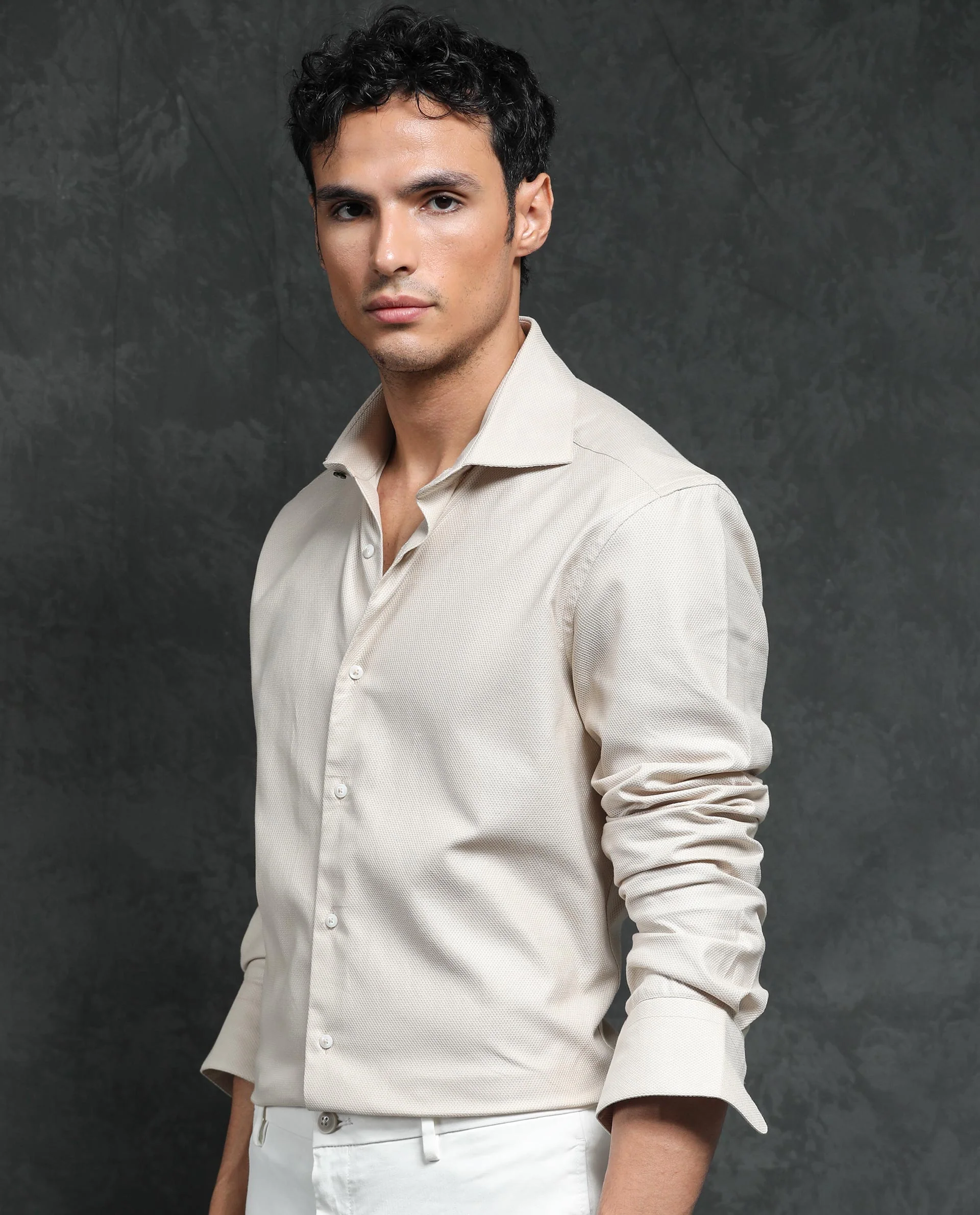 Rare Rabbit Men's Comb-1 Light Beige Cotton Plain Regular Fit Full Sleeve Collared Shirt - Image 6
