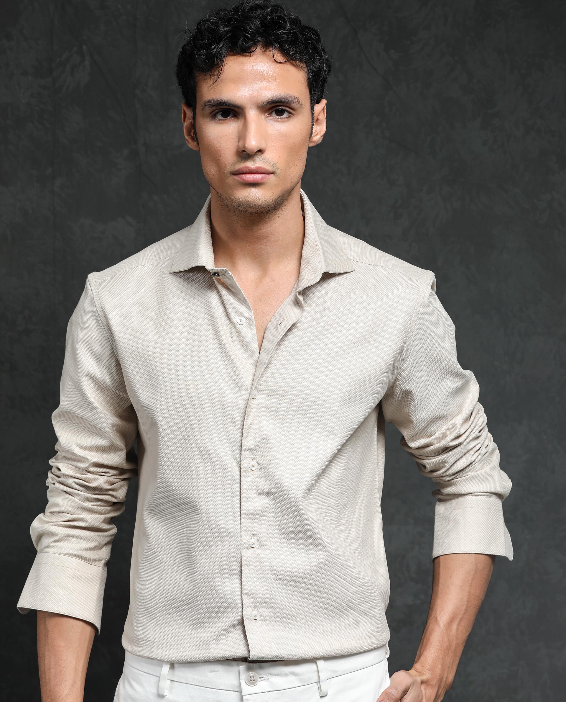 Rare Rabbit Men's Comb-1 Light Beige Cotton Plain Regular Fit Full Sleeve Collared Shirt - Image 7