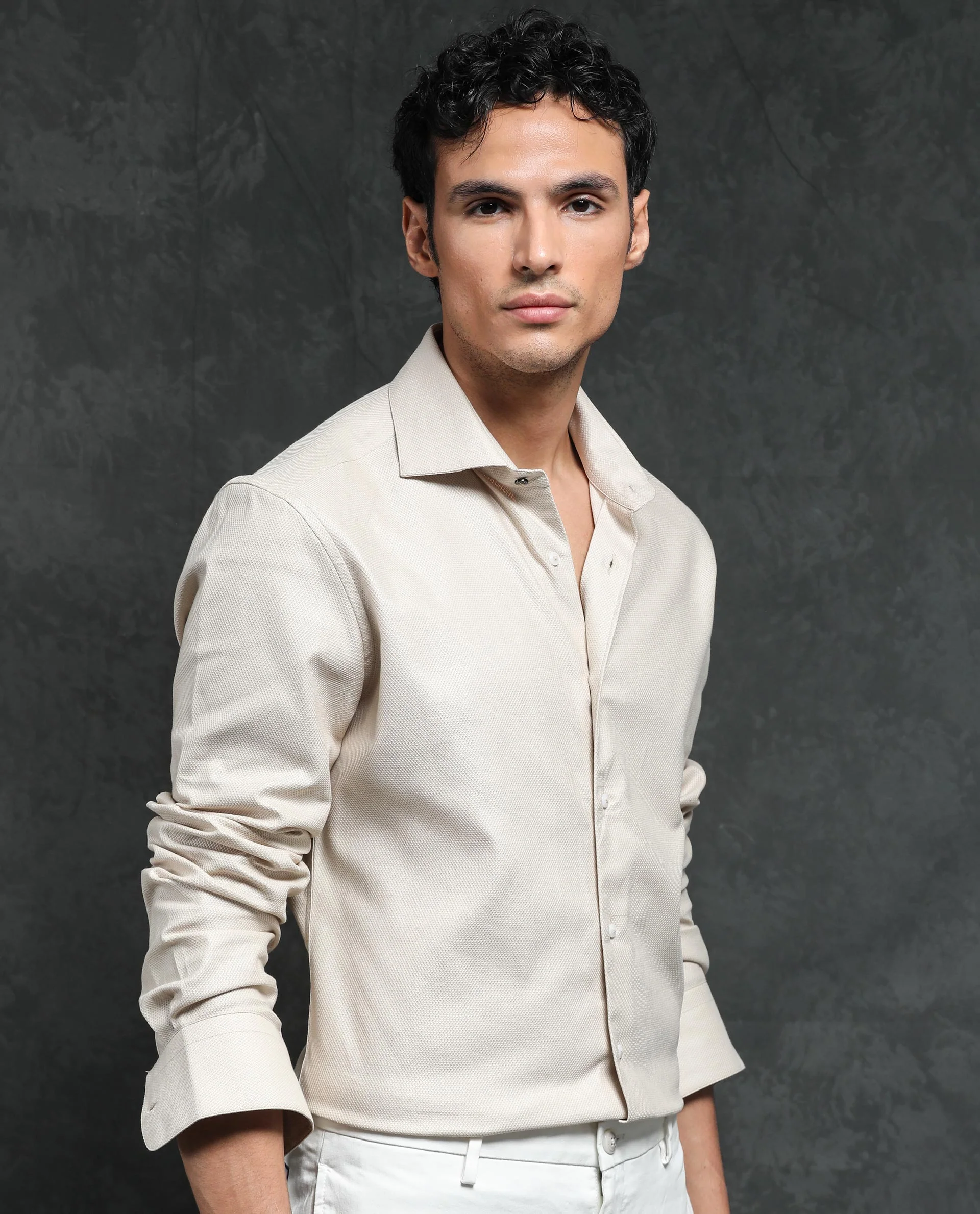 Rare Rabbit Men's Comb-1 Light Beige Cotton Plain Regular Fit Full Sleeve Collared Shirt - Image 8