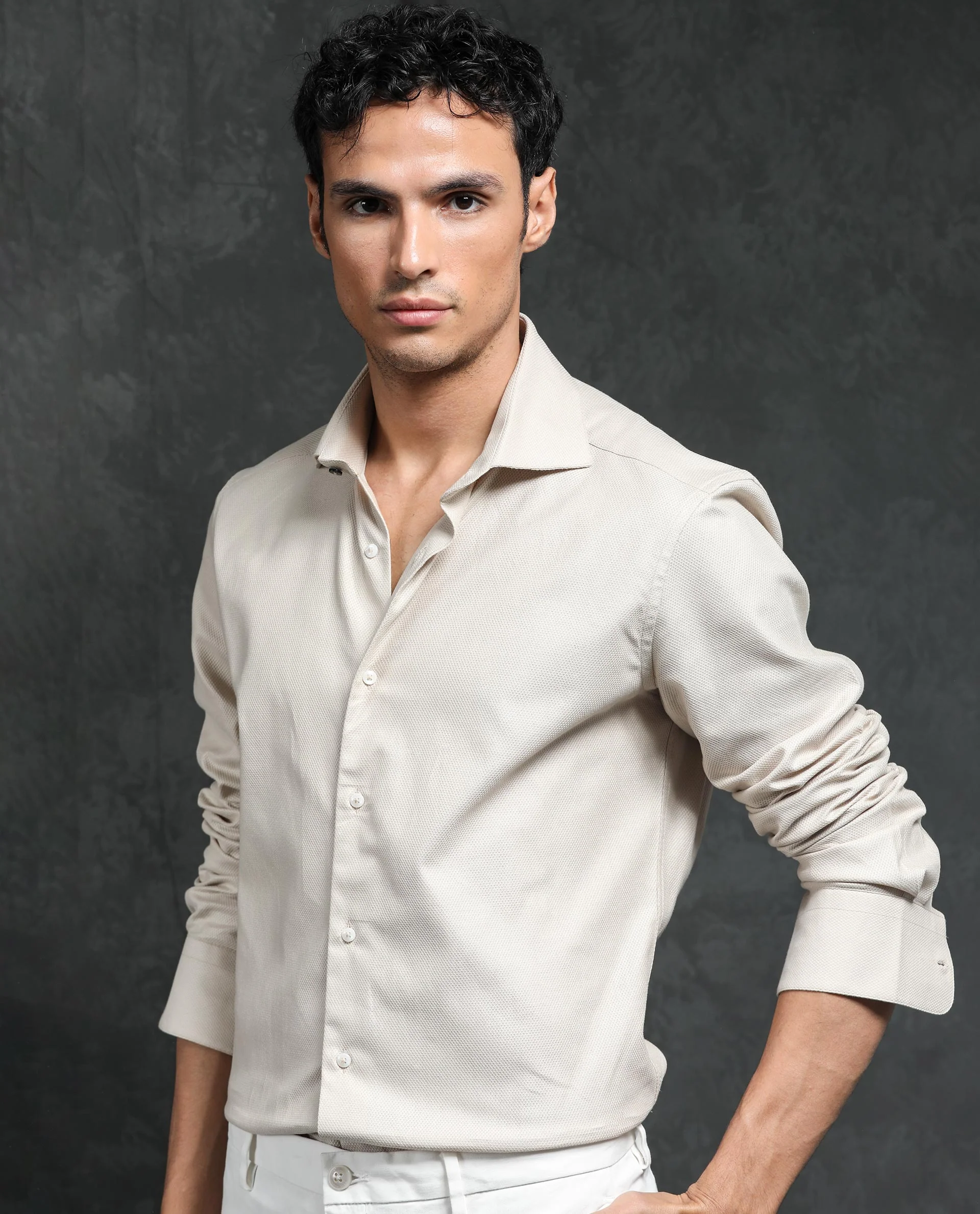 Rare Rabbit Men's Comb-1 Light Beige Cotton Plain Regular Fit Full Sleeve Collared Shirt - Image 9