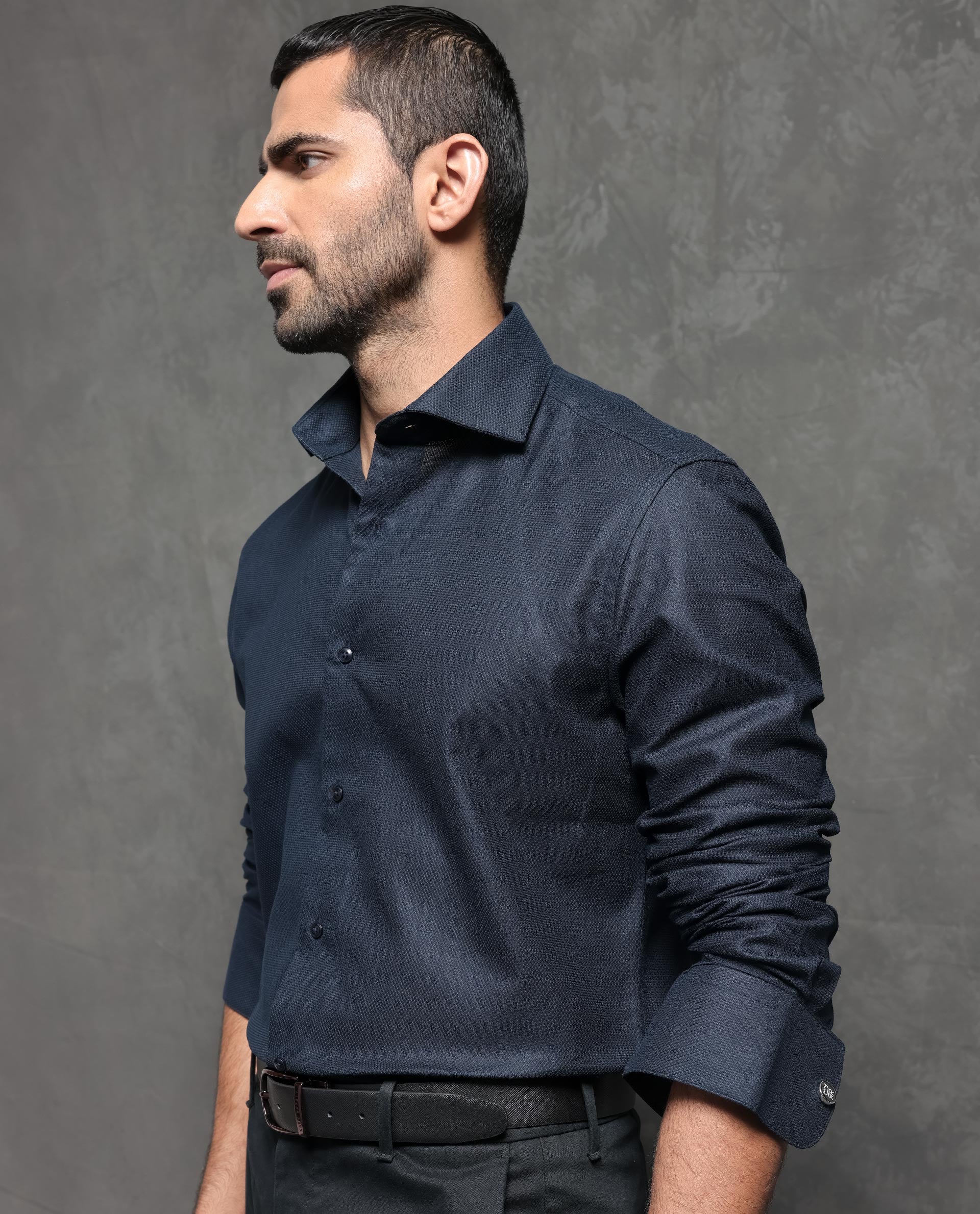 Rare Rabbit Men's Comb-1 Navy Cotton Plain Regular Fit Full Sleeve Spread Collar Shirt - Image 3
