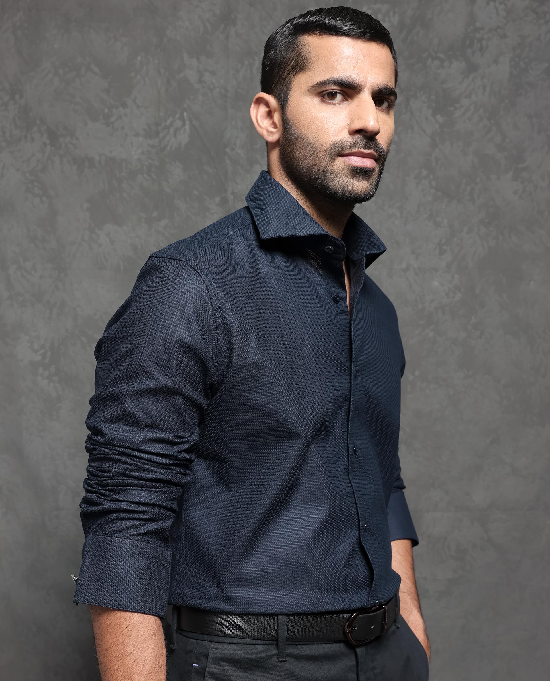 Rare Rabbit Men's Comb-1 Navy Cotton Plain Regular Fit Full Sleeve Spread Collar Shirt - Image 4