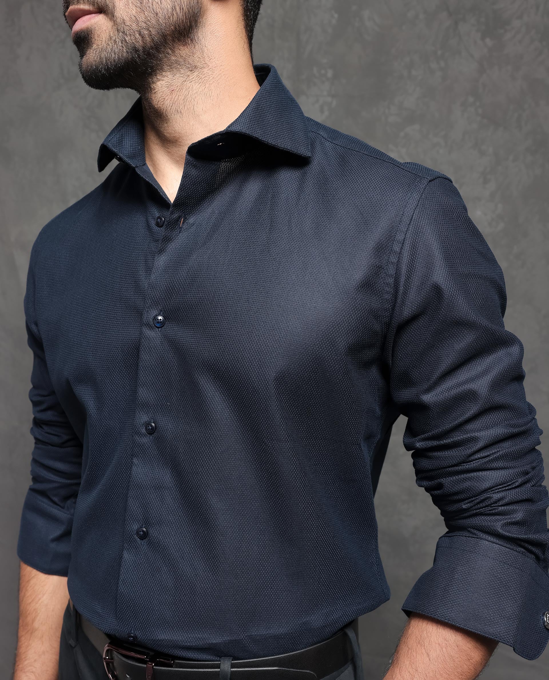 Rare Rabbit Men's Comb-1 Navy Cotton Plain Regular Fit Full Sleeve Spread Collar Shirt - Image 6