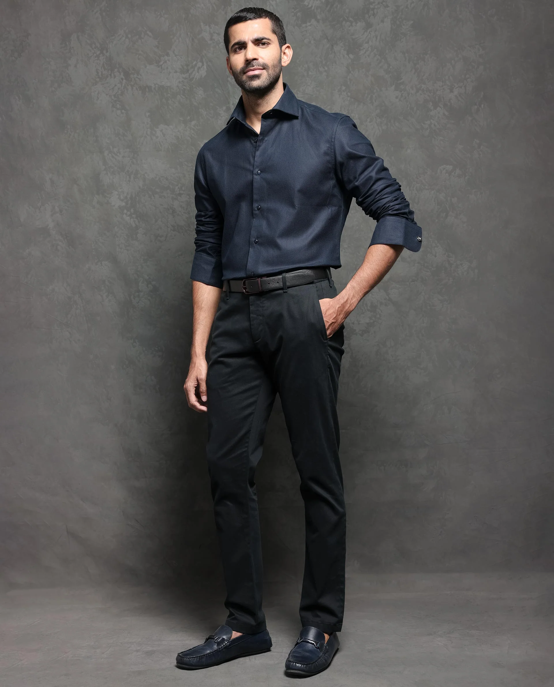 Rare Rabbit Men's Comb-1 Navy Cotton Plain Regular Fit Full Sleeve Spread Collar Shirt - Image 8