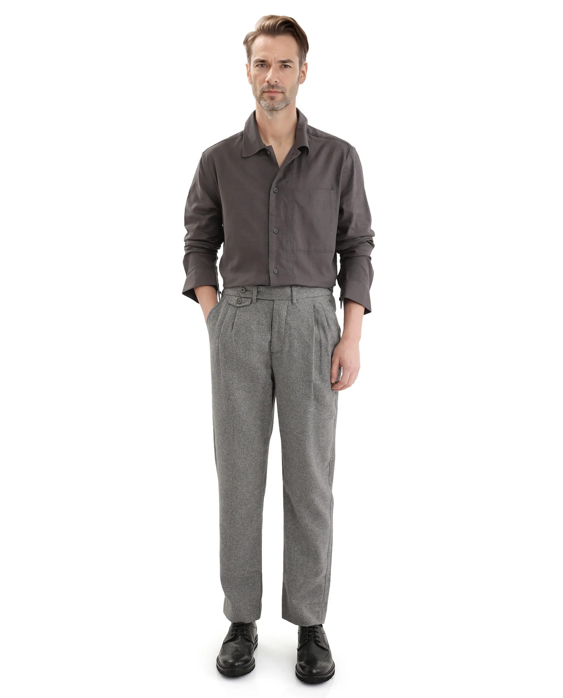 Rare Rabbit Men's Combi Dark Grey Cotton Blend Plain Regular Fit Full Sleeve Collared Shirt - Image 2