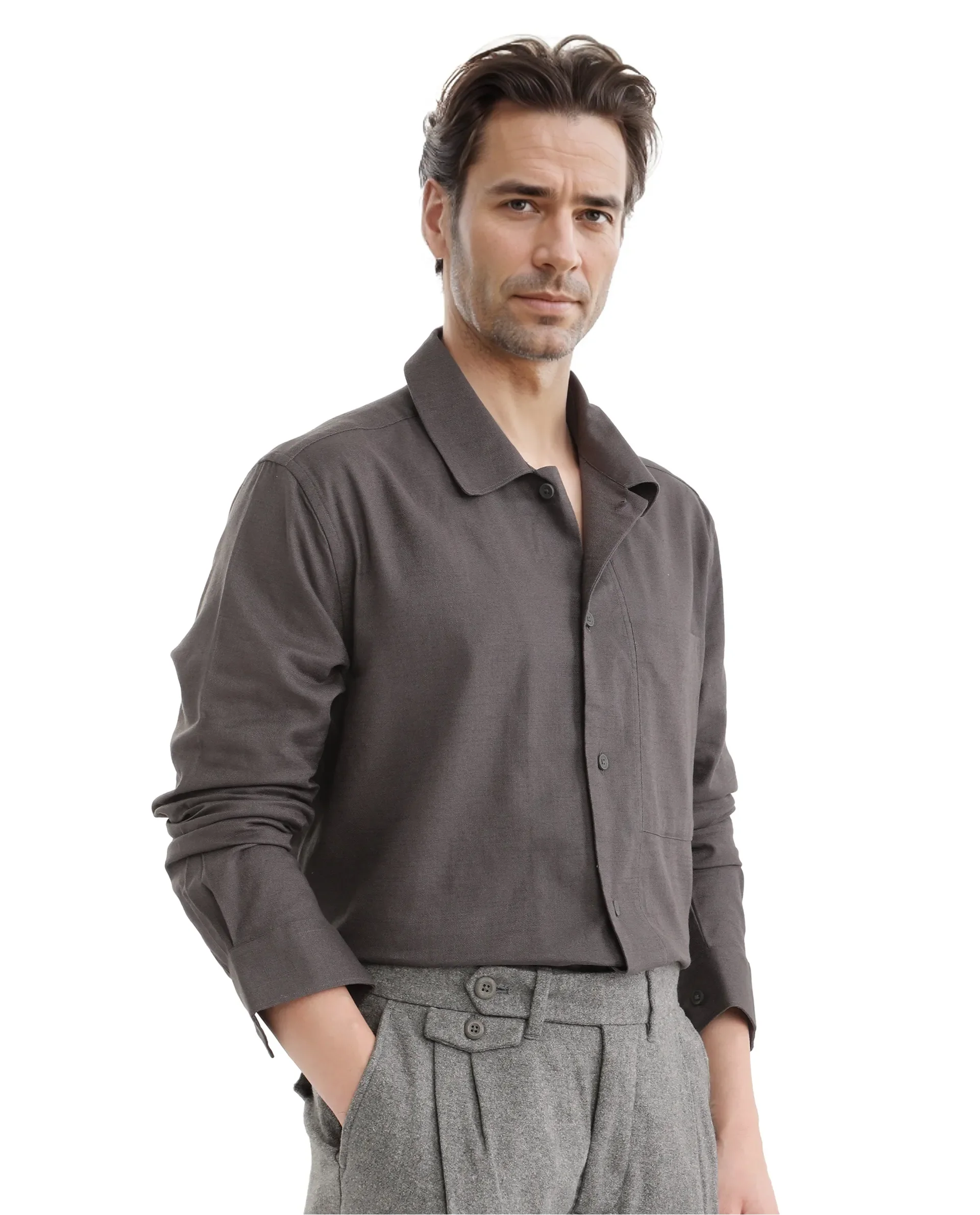 Rare Rabbit Men's Combi Dark Grey Cotton Blend Plain Regular Fit Full Sleeve Collared Shirt - Image 8