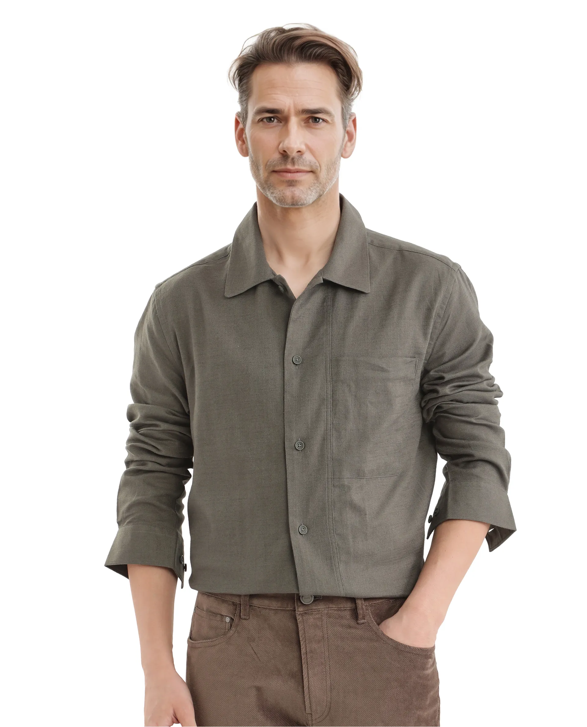 Rare Rabbit Men's Combi Olive Cotton Blend Plain Regular Fit Full Sleeve Collared Shirt - Image 10