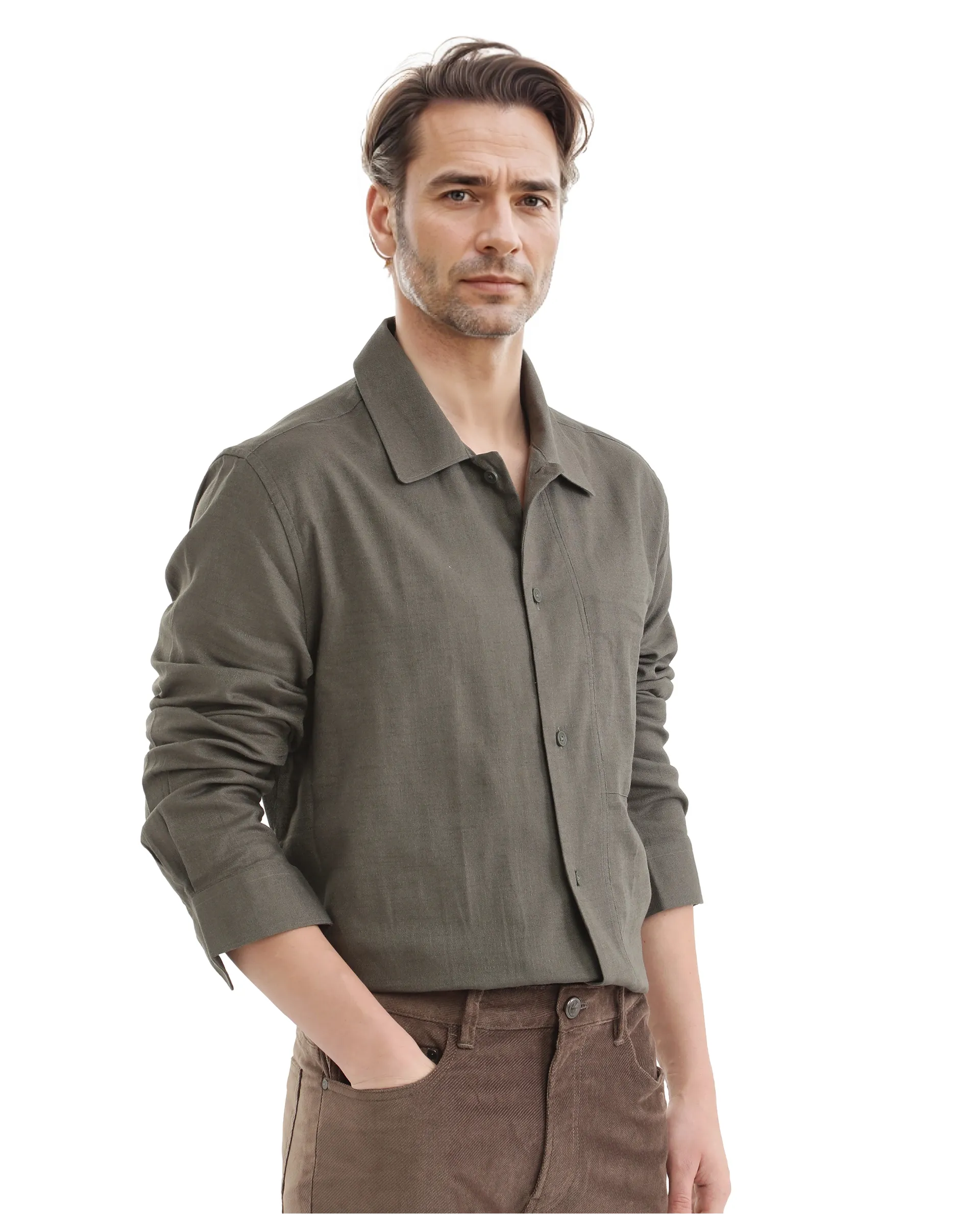 Rare Rabbit Men's Combi Olive Cotton Blend Plain Regular Fit Full Sleeve Collared Shirt - Image 7