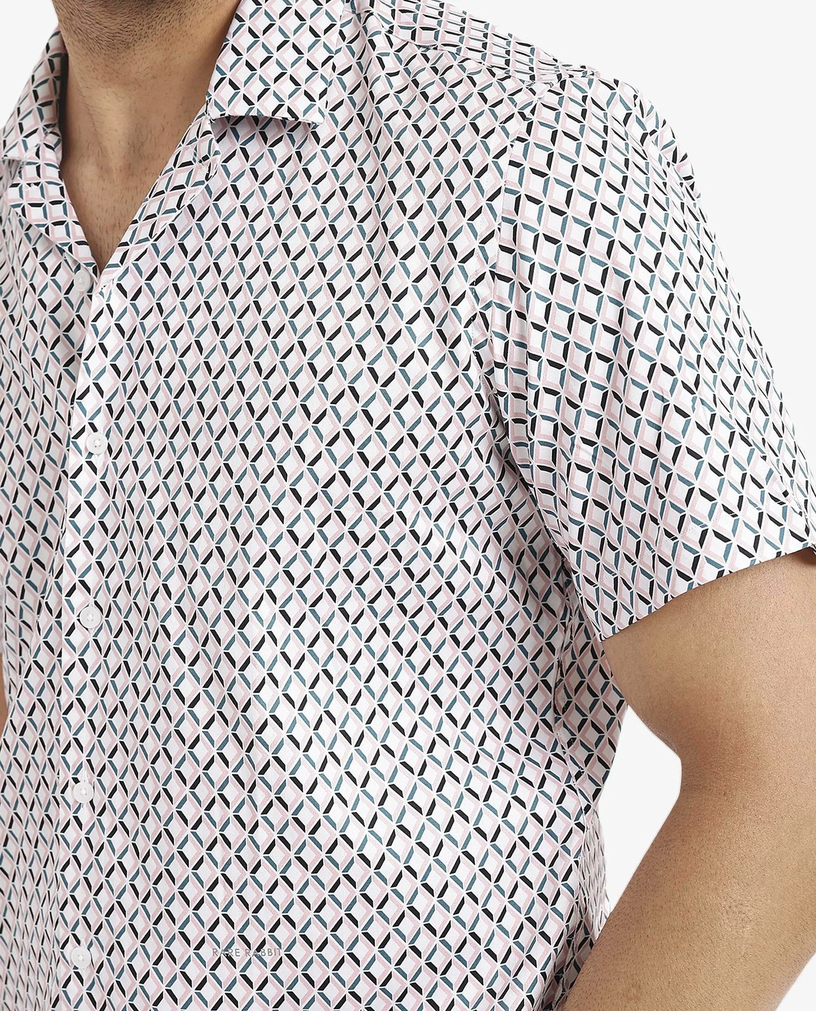 Rare Rabbit Men's Comet White Cotton Geometric Print Regular Fit Half Sleeve Cuban Collar Shirt - Image 3