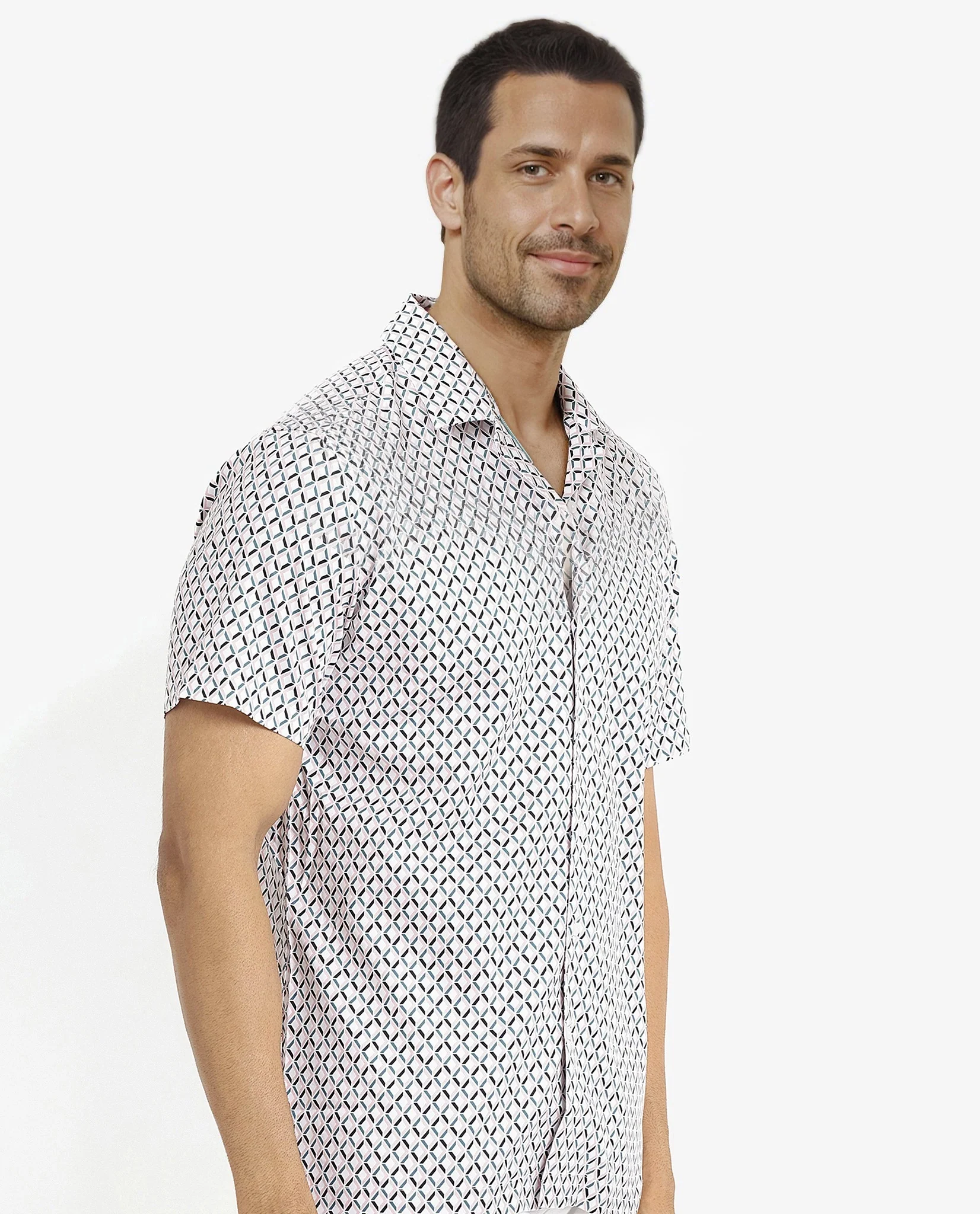 Rare Rabbit Men's Comet White Cotton Geometric Print Regular Fit Half Sleeve Cuban Collar Shirt - Image 5